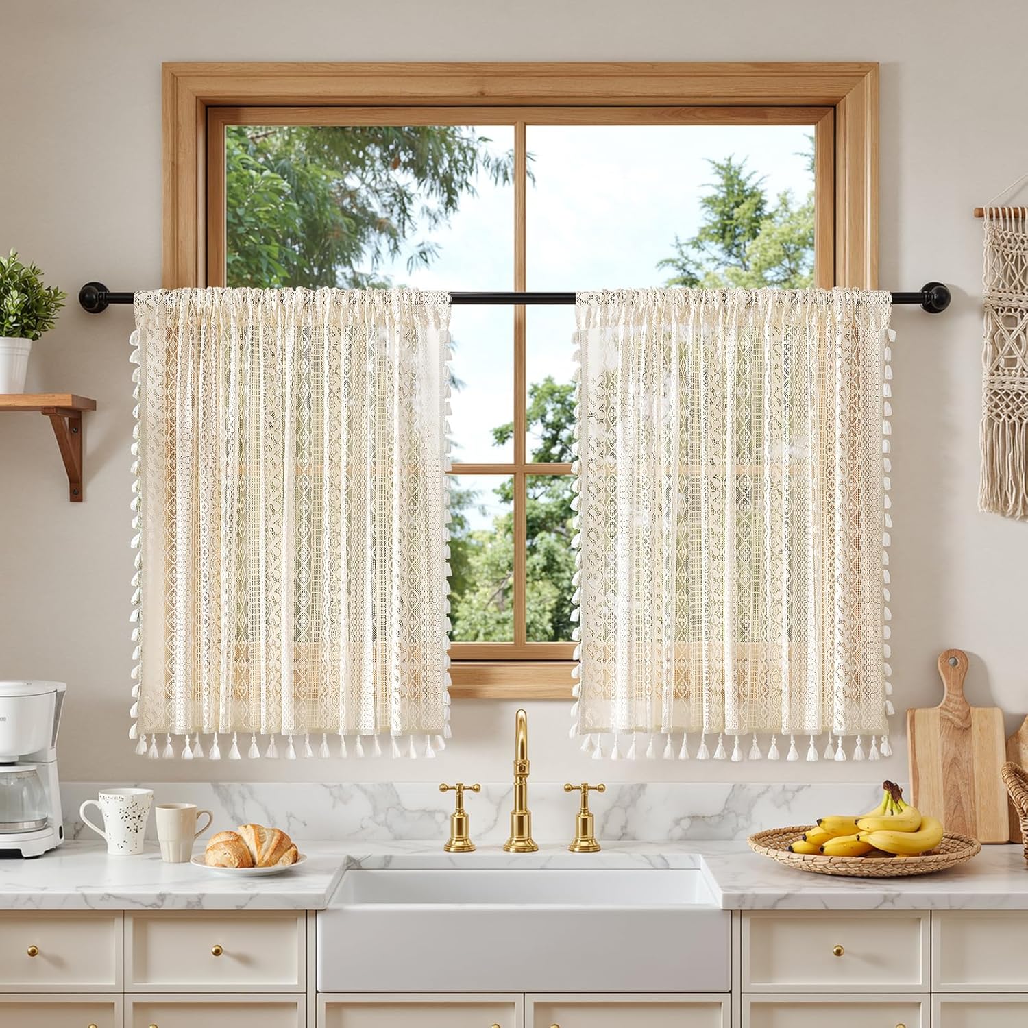 Anmao Boho Curtains Crochet Lace Semi-Sheer Hollow Out Knitted Tassels Curtain 36 Inch Length 2 Panels Set for Living Room, Vintage Bohemian Light Filtering Rod Pocket Drapes, (W52xL36, Cream Beige)