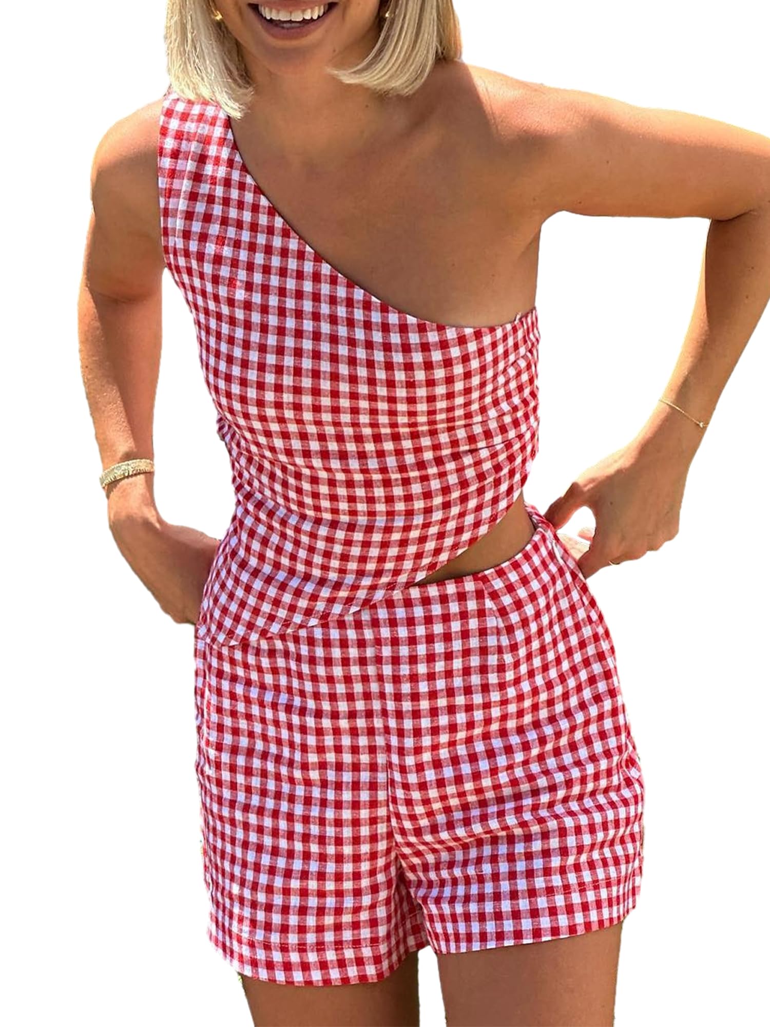 YILEEGOO Women's 2pcs Summer Outfit Gingham Co-ord Set Jumpsuit Plaid One Shoulder Tie Back Crop Tank Top Vest + Shorts Set (Red, L)