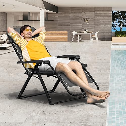 Miniatura 2 de Elevens Silla de gravedad cero de gran tamaño, silla reclinable de 28 pulgadas para patio con cojín y bandeja extraíbles, reposacabezas ajustable
