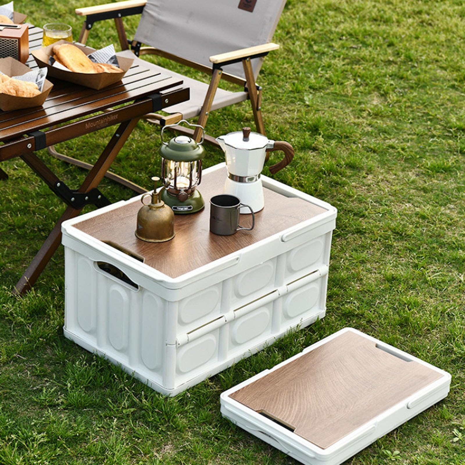 Contenitore pieghevole in plastica, contenitore da campeggio con coperchio in legno, grande scatola impilabile con manici, organizer per picnic all'aperto, archiviazione auto, smistamento domestico
