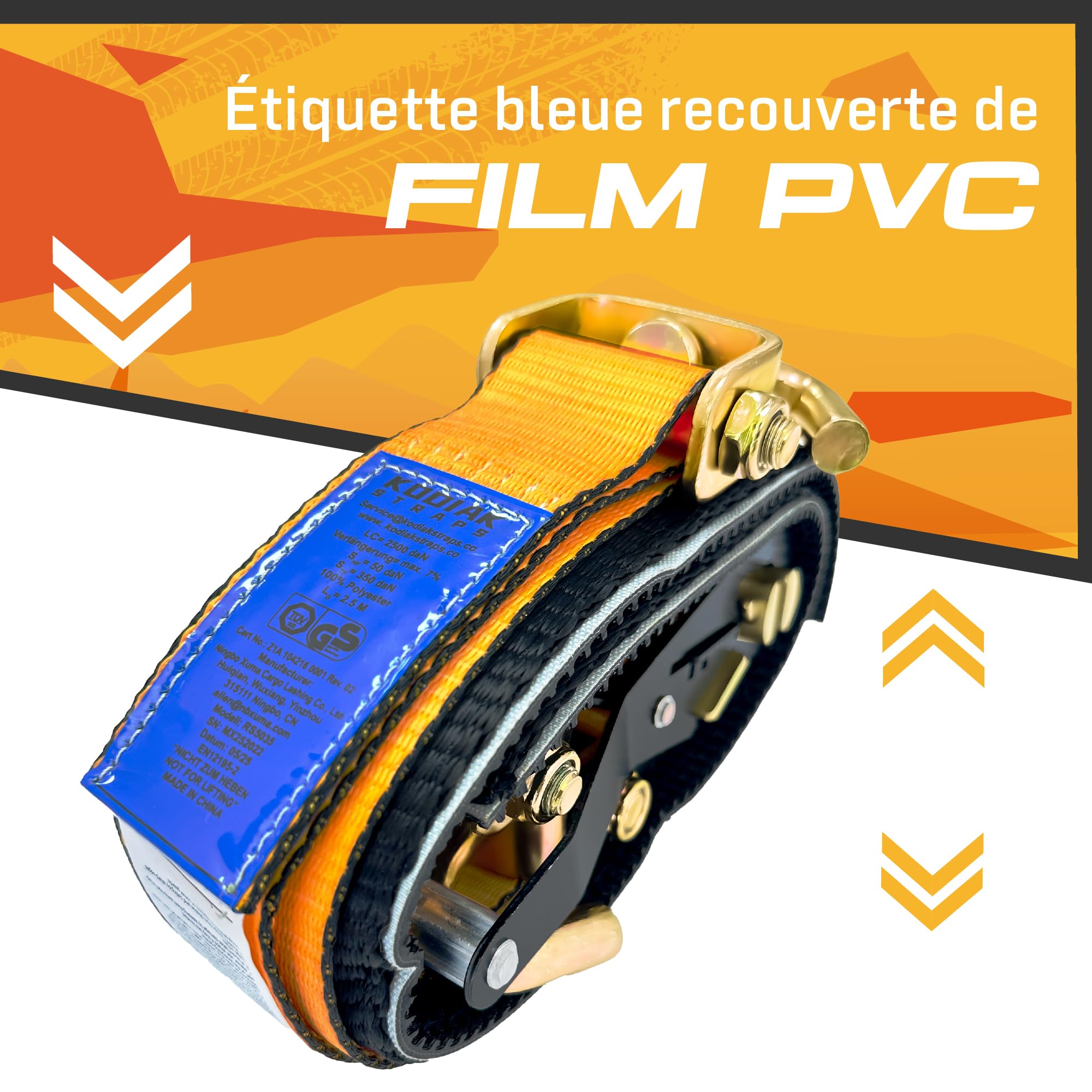 4 Lots de Sangles pour Roues 50mm x 2.5m | Sangle à Cliquet 5000kg pour Transport de Véhicules | avec Patins Anti-Dérapants et Crochet Pivots 360° | Certifié TÜV G/S DIN en 12195-2