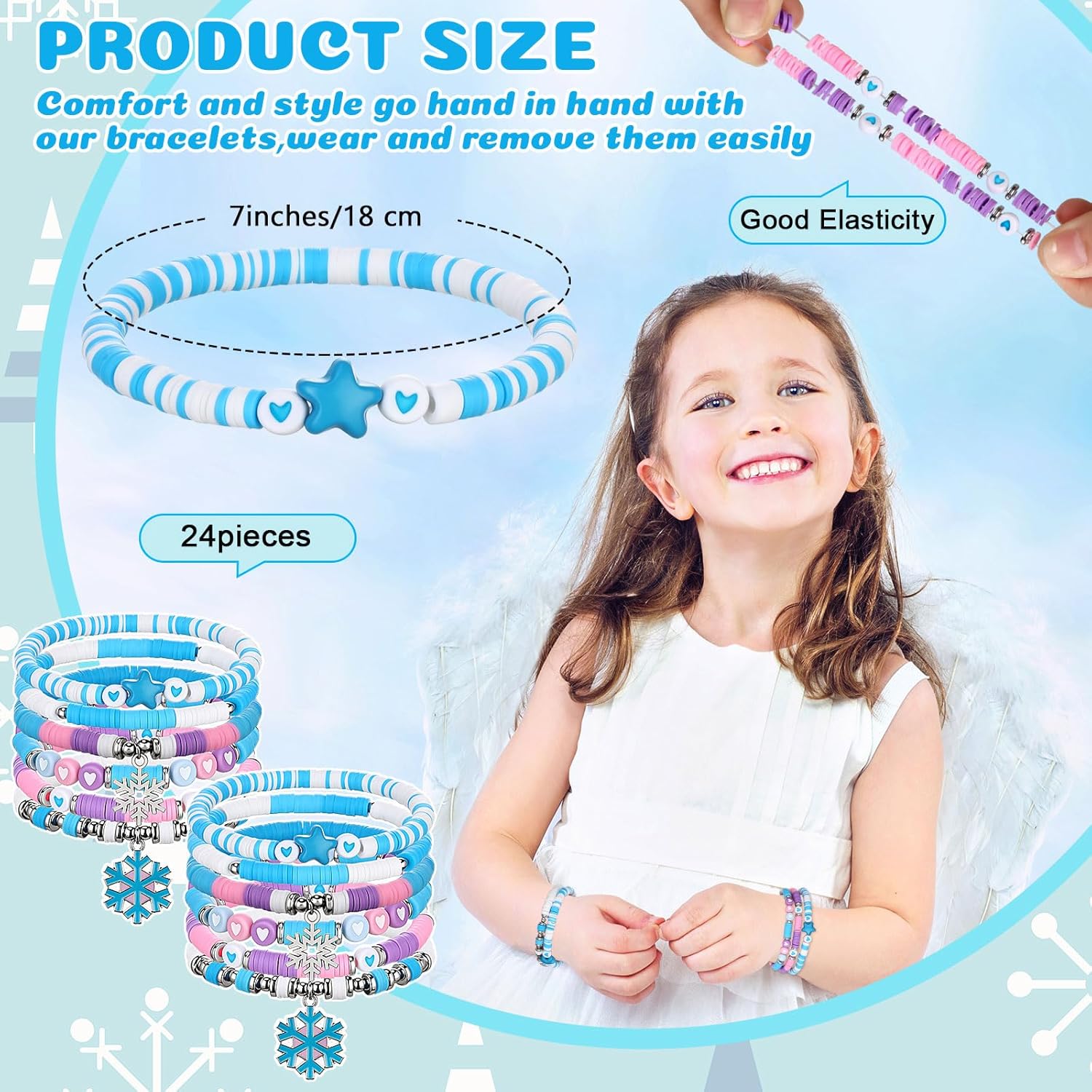 Landical 24 Pcs Snowflake Bracelets Snowflake Birthday Party Favors Supplies Stretch Adjustable Clay Bracelets Blue Purple Friendship Bracelet for Birthday Gifts Goodie Bag Decorations - Image 3