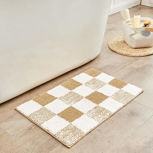 CozeCube Tapetes de baño a cuadros para baño, antideslizantes, peludos de felpa para baño, lavables, tapete de baño a cuadros, beige, 24 x 16 CozeCube Tapetes de baño a cuadros para baño, antideslizantes, peludos de felpa para baño, lavables, tapete de baño a cuadros, beige, 24 x 16