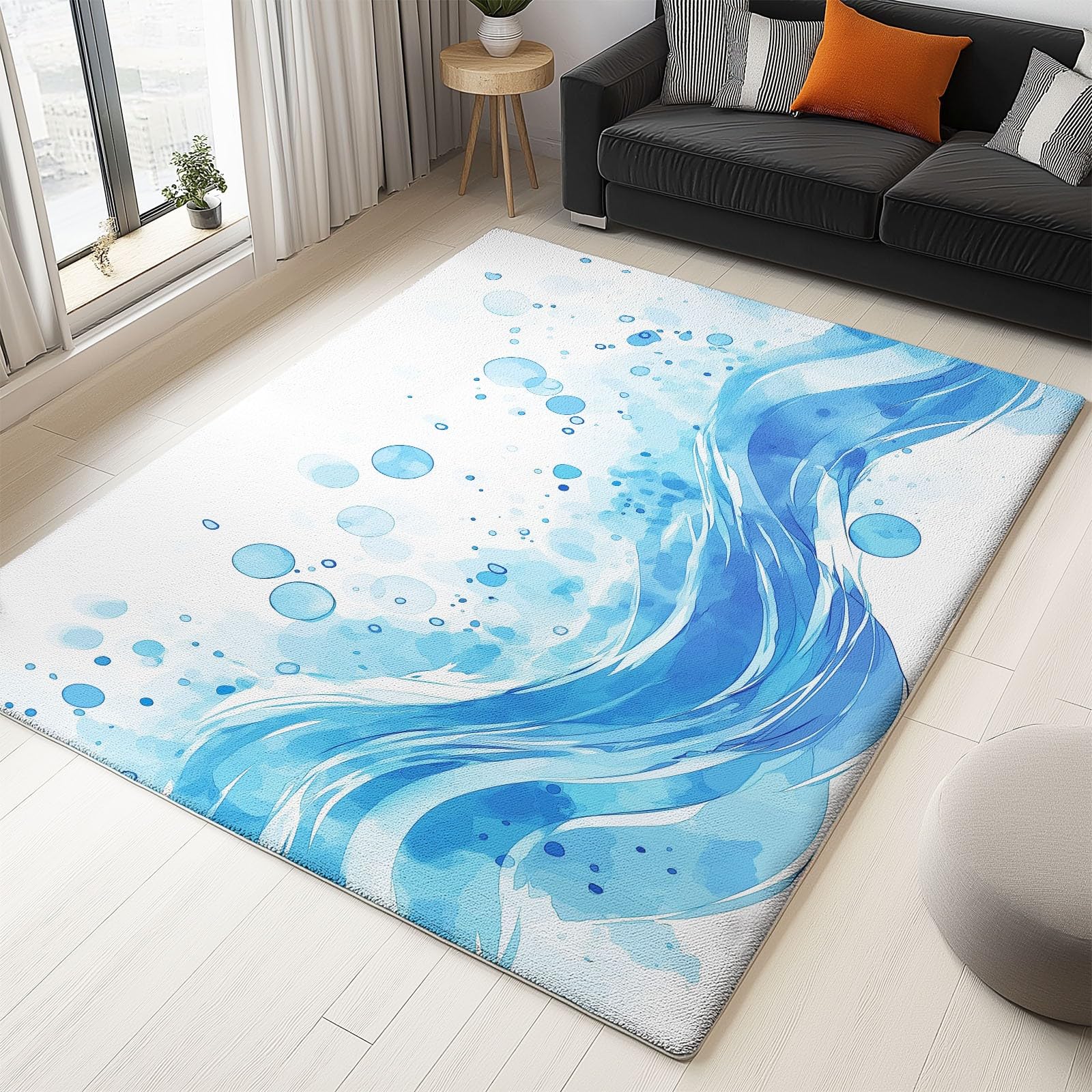 Tapis de salon aquarelle bleu et blanc 50x80 cm lavable