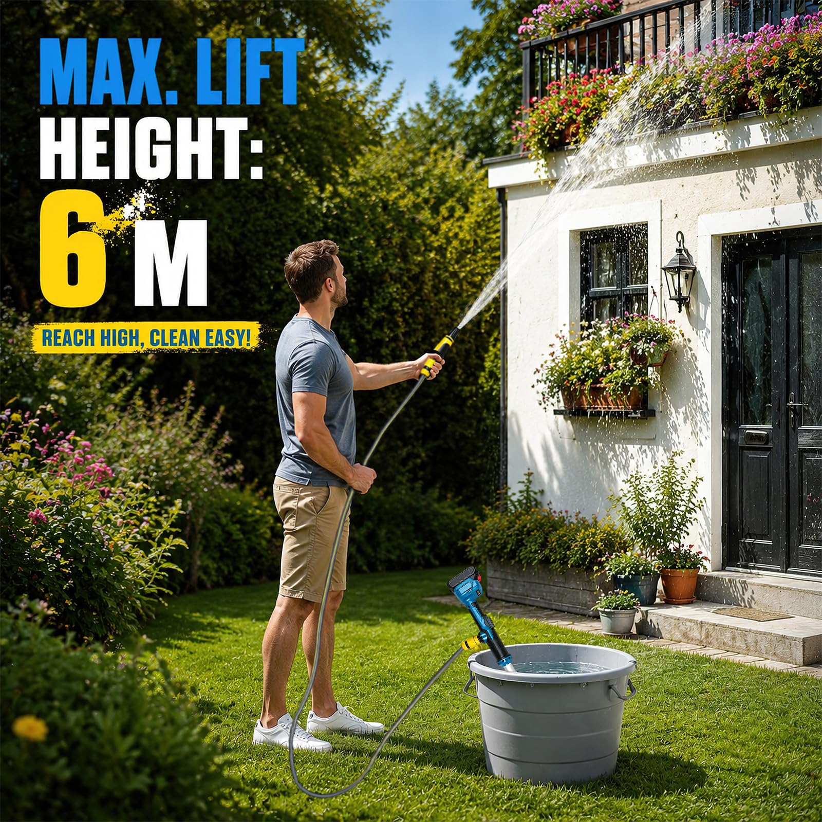 Akku-Tauchdruck/Regenfasspumpe für Makita 18V Akku, max. 3000 L/h Kabellose Stabwasserpumpe, 6m Förderhöhe, kabellose Hauswasserpumpe für Regentonnen Zisternen Garten Bewässerung (0 Batterie)