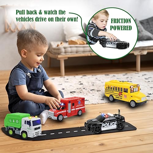 Miniatura 3 de Paquete de 4 ambulancias, camión de basura, autobús escolar, coche de policía, juguete de vehículos para niños pequeños Alimentado por fricción con