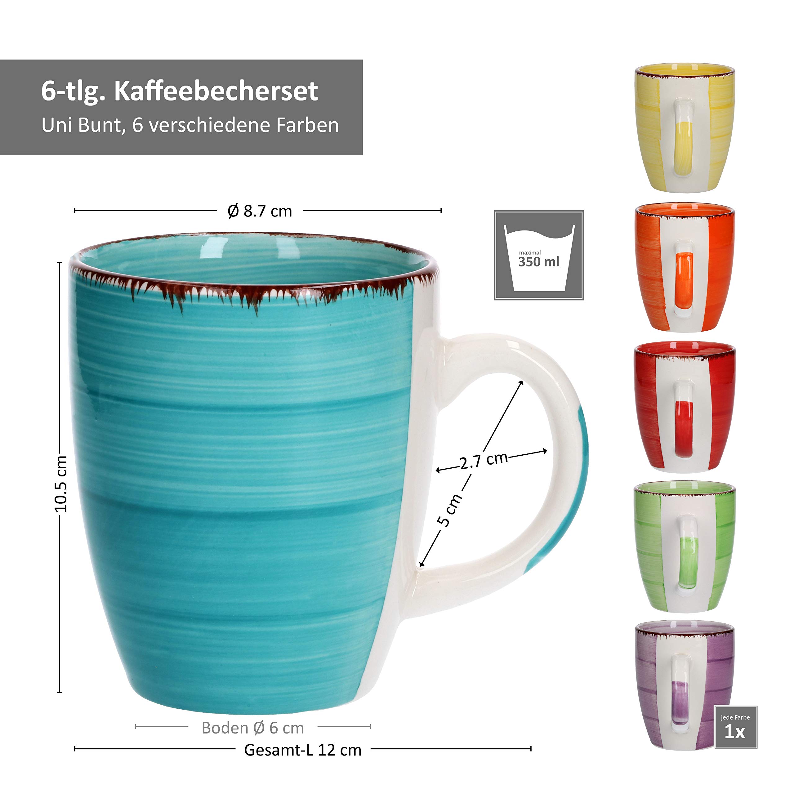 MamboCat 6-TLG. Kaffeebecher-Set Uni bunt Tee-Tasse groß Kaffee-Pott Trink-Becher Kakao-Milch rund 320 ml Geschirr Tafel-Zubehör Frühstück-Buffet