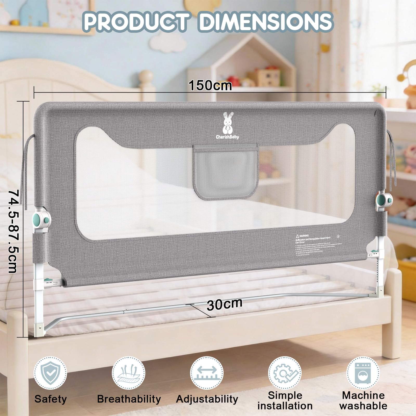 Verdego 2er-Set Rausfallschutz Bett 150 cm, Rausfallschutz Boxspringbett Klappbar, 300D Oxford Stoff, Bettschutzgitter Höhenverstellbar, Bettgitter Rausfallschutz Einfache Montage, Grau