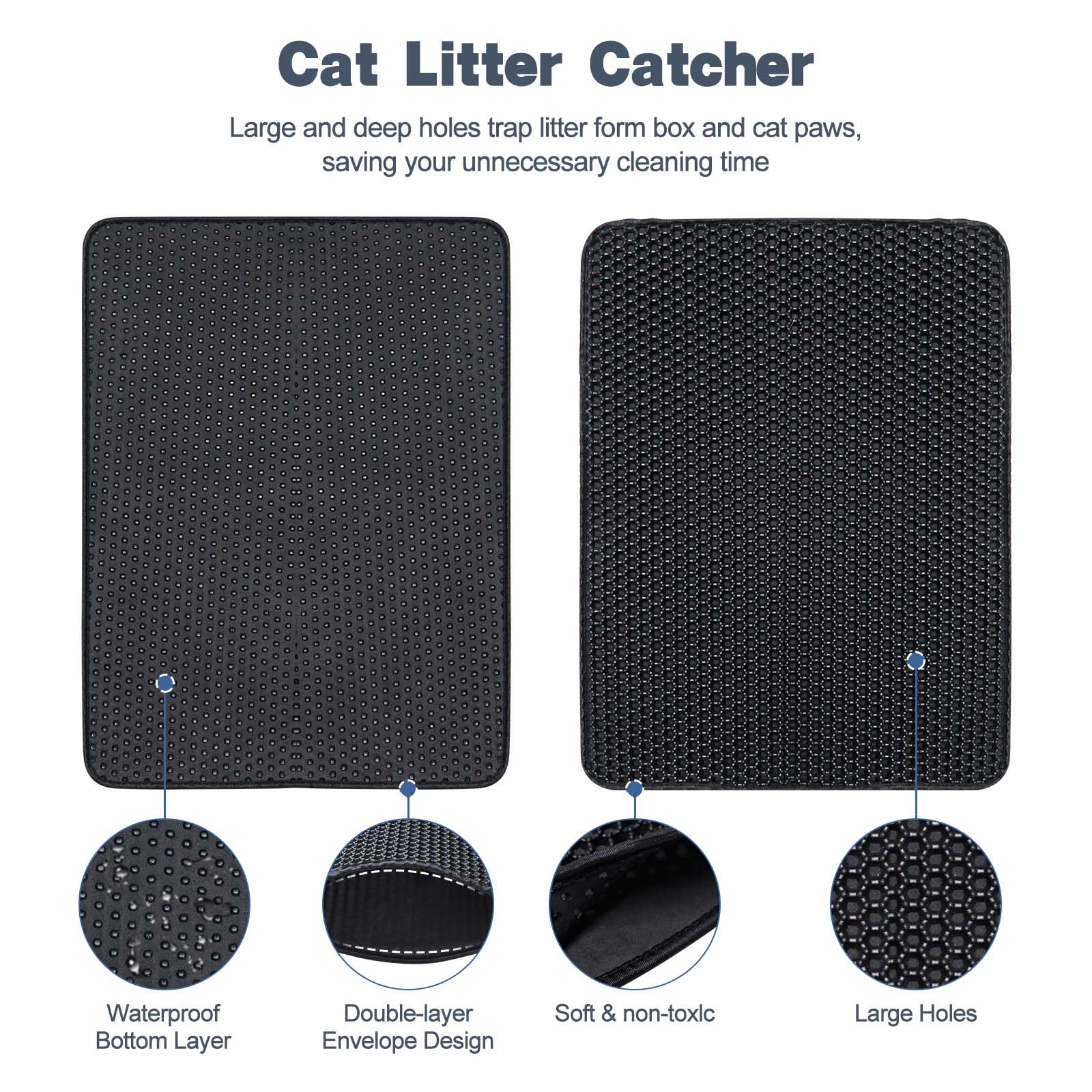 Cat Litter Mat 30"x24" Double Layer Waterproof & Non-Slip - Honeycomb Washable EVA Large Litter Mat for Scatter Control, Urine Proof Litter Trapping Mat for Litter Box(Black) - image 3