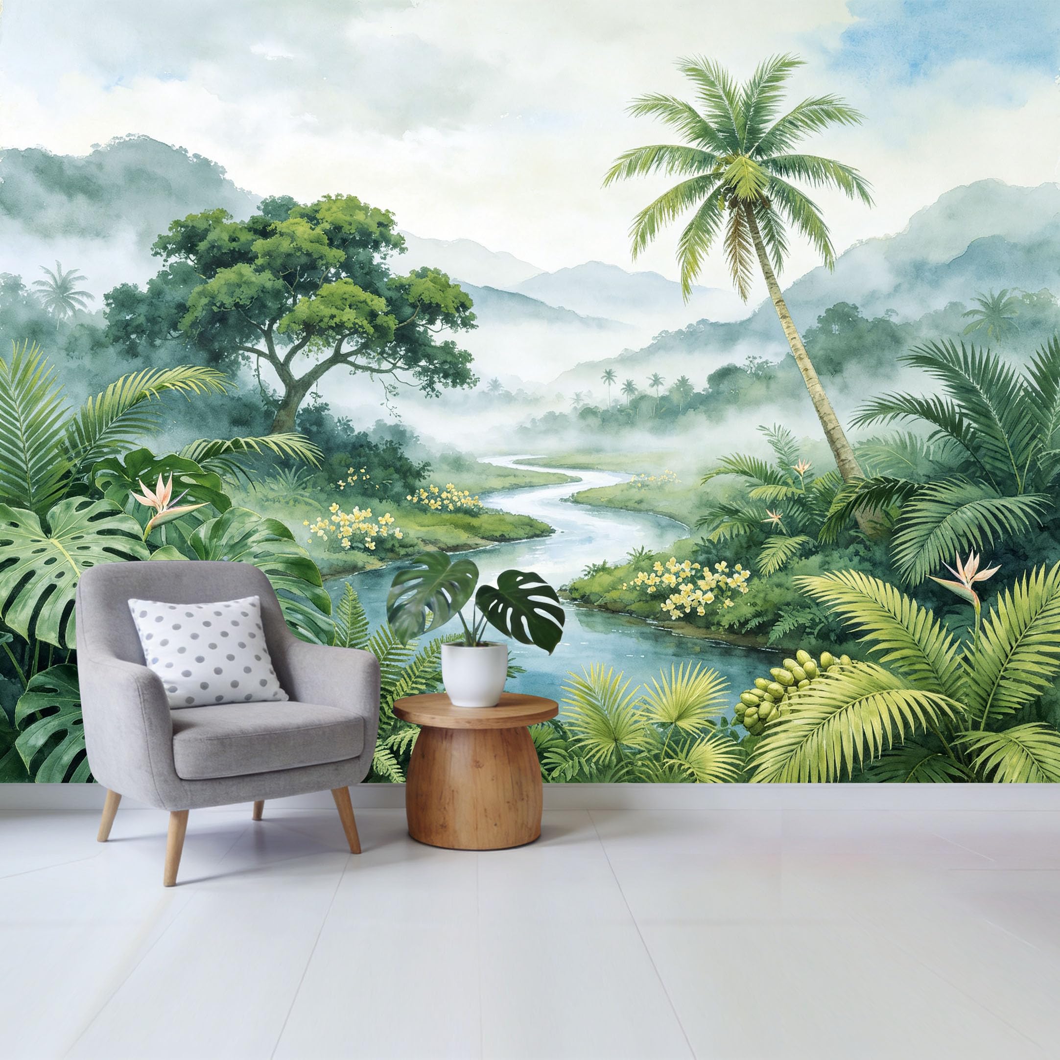Custom Size Wall Mural Misty Tropical Rainforest River Palm Tree Watercolor Style Removable Self Adhesive Fabric， Home Wall Decor for Living Room Bedroom Bathroom