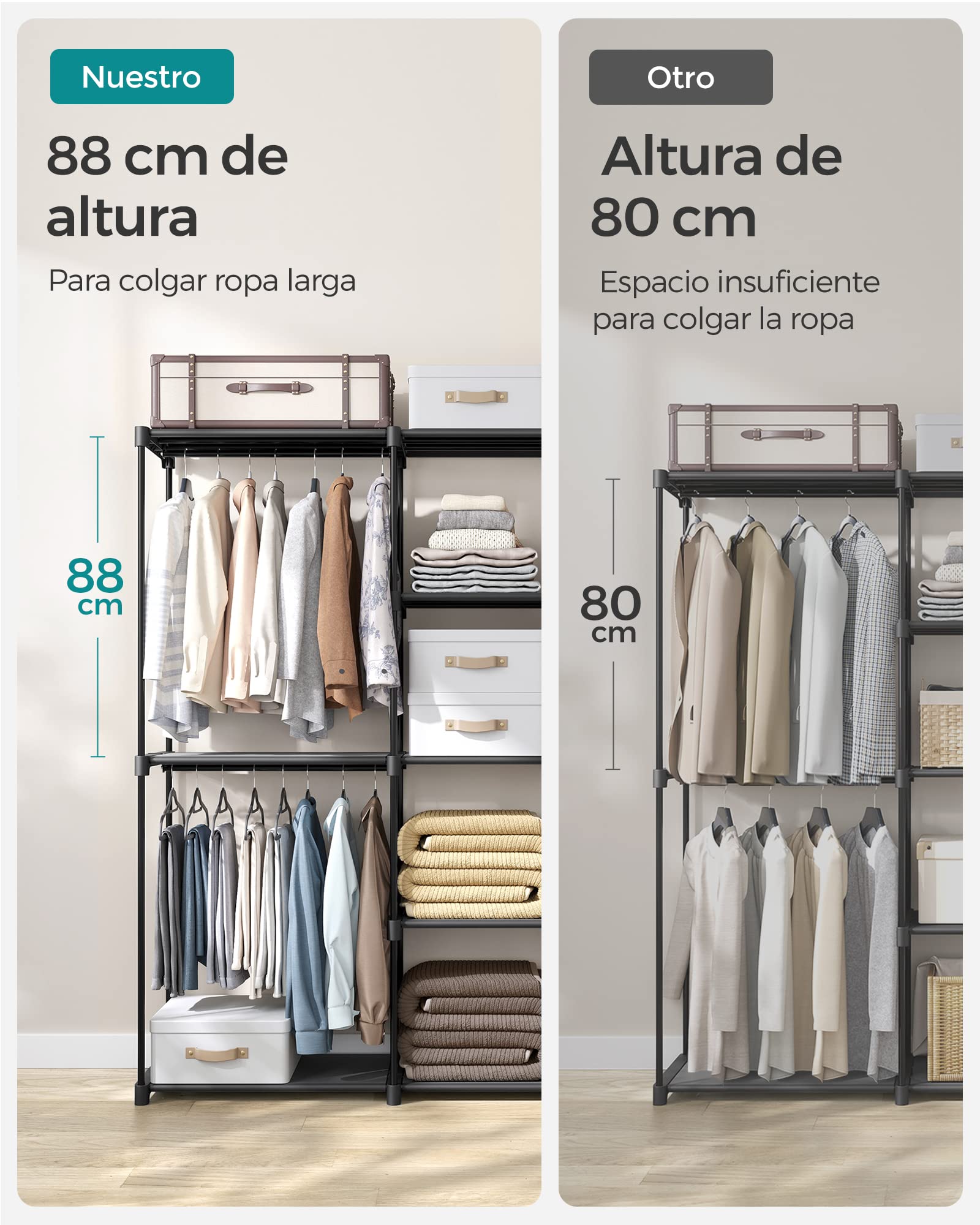 SONGMICS Armario, Perchero, Guardarropa, con Barras, Vestidor, Estantes de Tela, Marco de Metal, 182 x 43 x 182 cm, Negro Tinta RYG037B02
