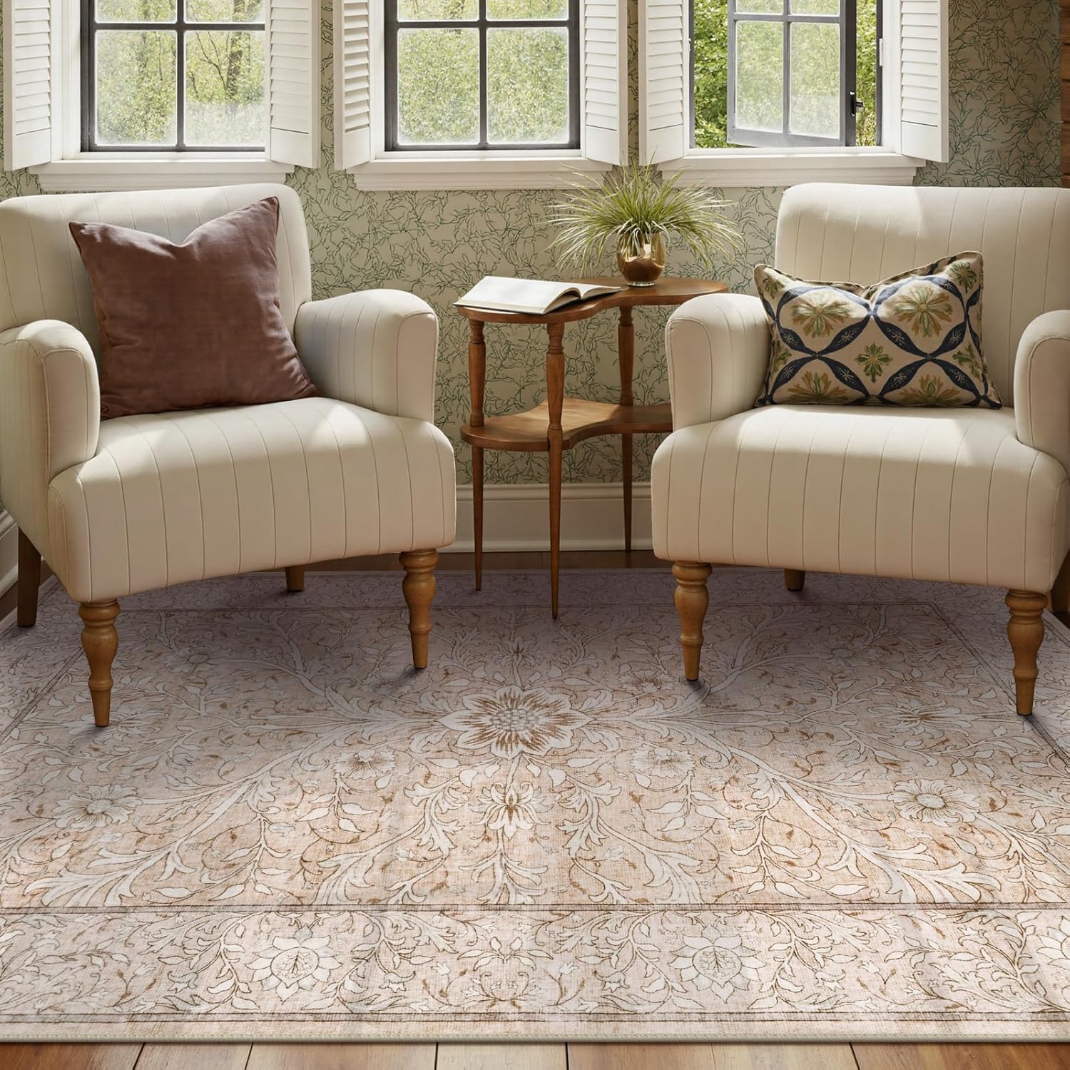 Collive 5x7 Area Rugs, Machine Washable Floral Living Room Bedroom Rug, Vintage Distressed Neutral Non Slip Low Pile Throw Carpet, Soft Retro Rugs for Dining Room Nursery Office, Pink Grey