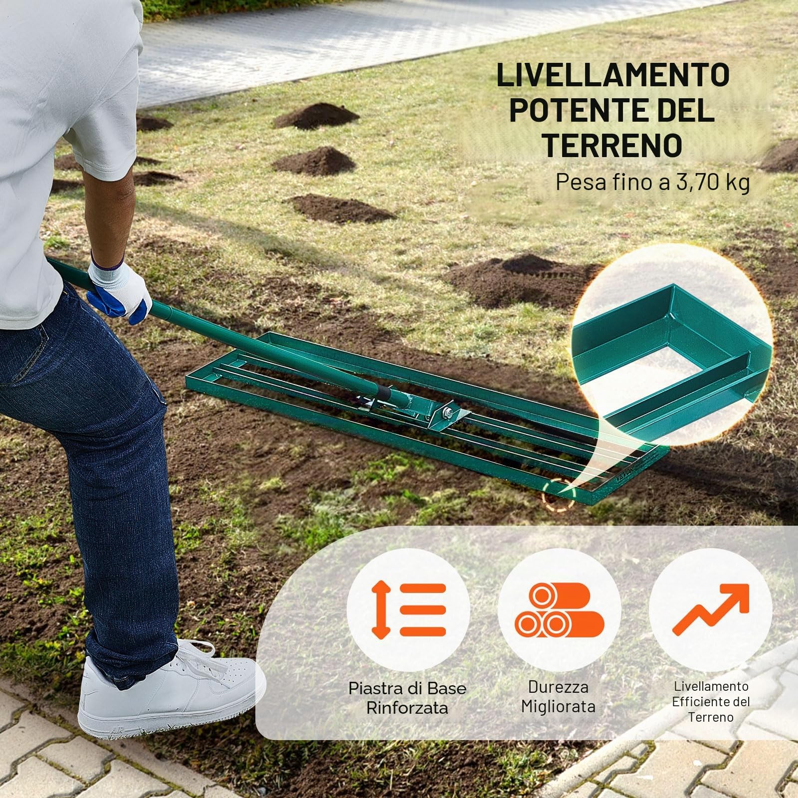 VEVOR Rastrello Livellatore per Prato 914x254 mm Livellatore Manico in Acciaio Piastra di Base da 1981 mm, Rastrello Livellatore per Prato in Lega di Alluminio per Prato Giardino Campo da Golf Erba