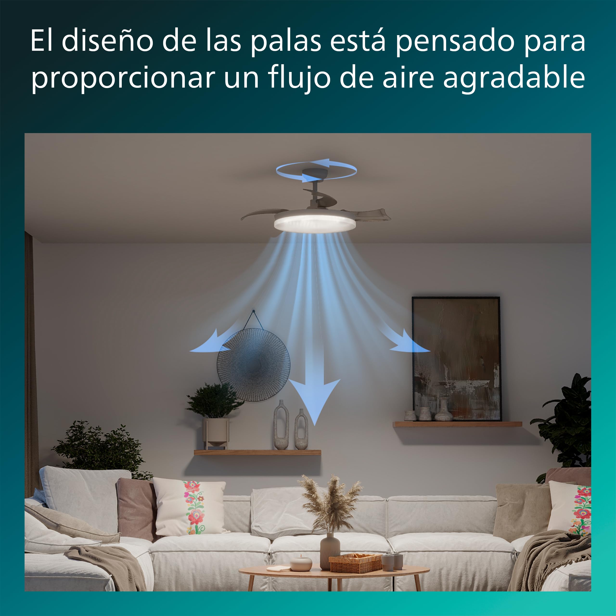 Philips Solr Lámpara de Techo con Ventilador de Aspas Retráctiles con LED, 3 Aspas, 106 Cm, 4500 Lúmenes, Luz Blanca Tres Tonos (2700 K/4000 K/5500 K), Regulable al 10%, Mando a Distancia, Blanco
