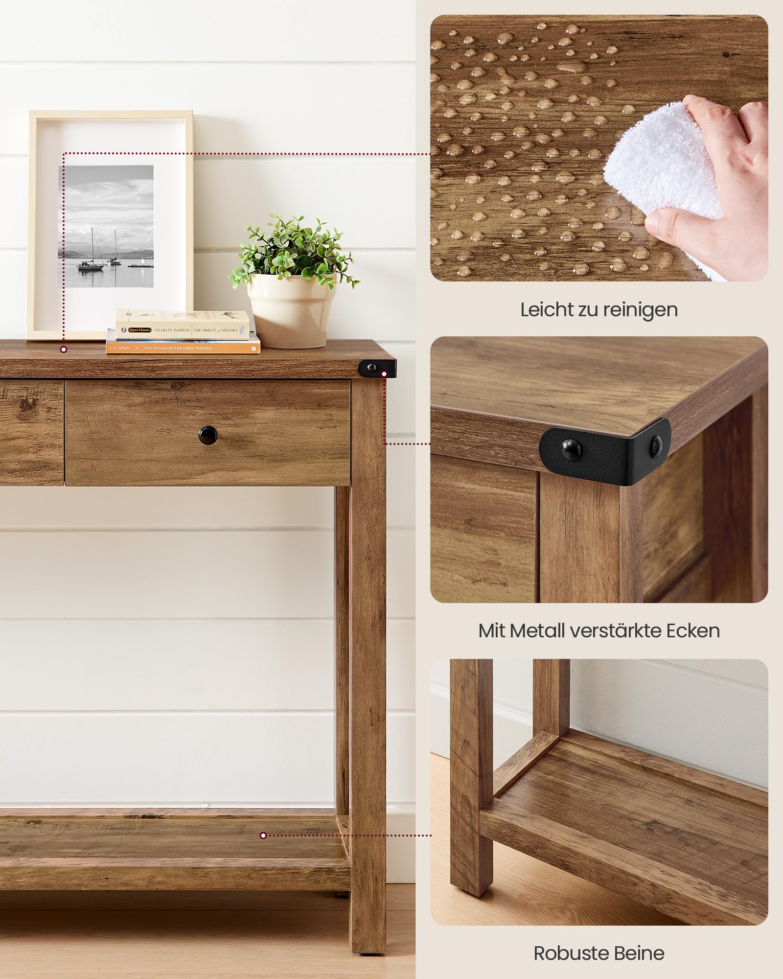 VASAGLE LIRY Kollektion - Konsolentisch, Beistelltisch, schmaler Sofatisch, mit 3 Schubladen und Einer Ablage, für Flur, Wohnzimmer, Landhausstil, honigbraun LNT142KB01