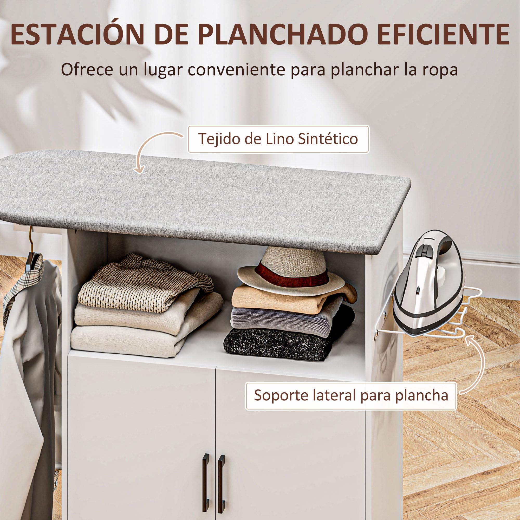 HOMCOM Armoire à repasser sur roulettes - Planche à repasser avec support de suspension - Tablette ouverte et planche à repasser - 125 x 43,5 x 102,5 cm - Blanc
