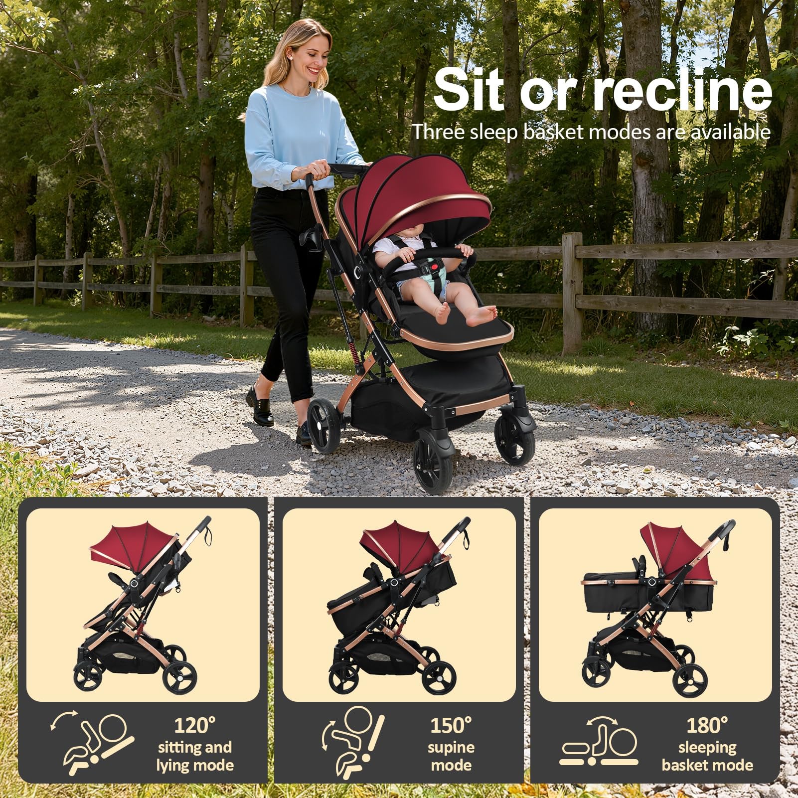Poussette bébé 2 en 1 avec nacelle réversible, pliable à une main, naissance 0-36 mois, dossier réglable, capote ajustable, siège bébé haut, amortissement, harnais 5 points Vin rouge