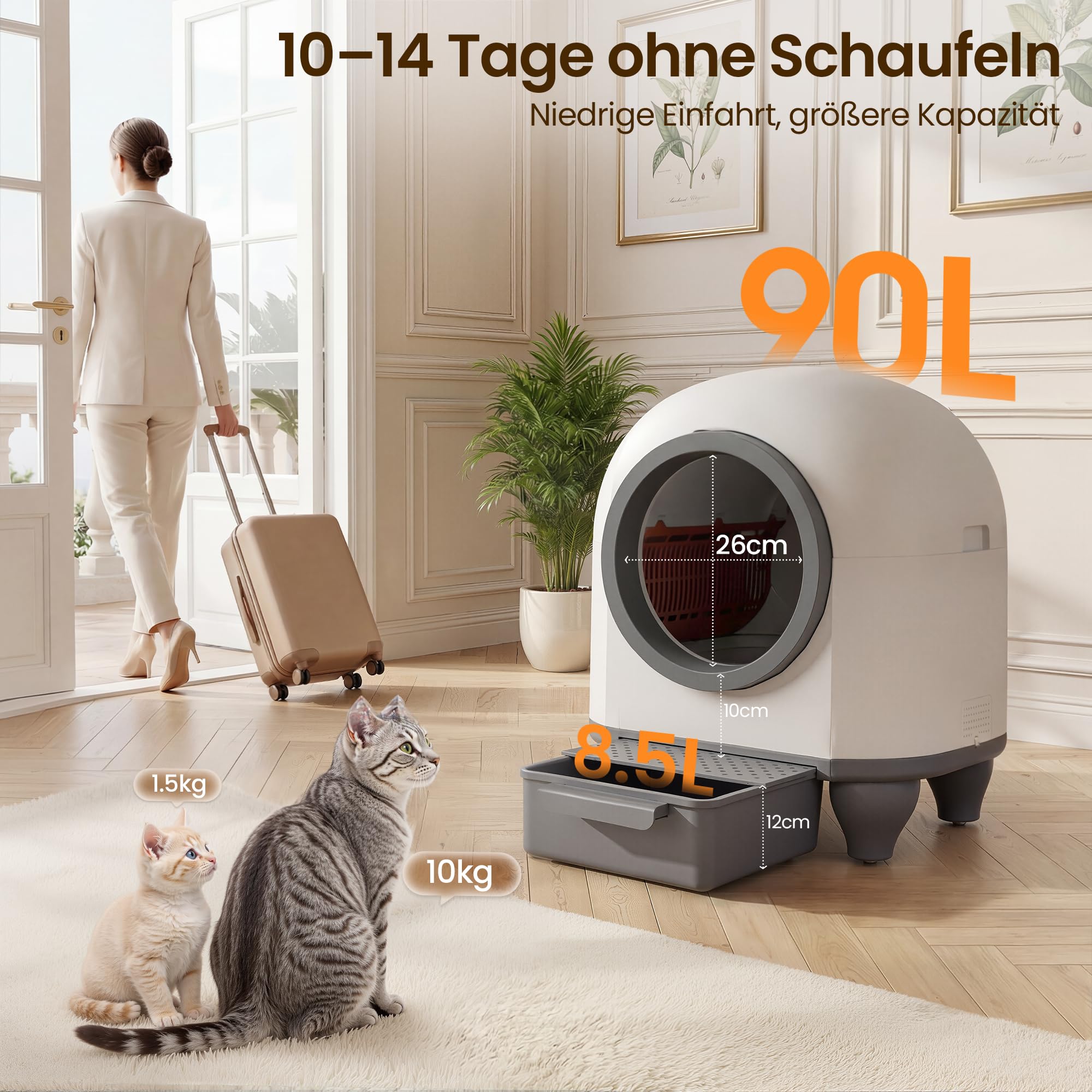 Devoko katzenklo selbstreinigend, 90L selbstreinigende katzentoilette mit niedrigem Einstieg/großem Raum/Geruchsentferner, APP-gesteuerte katzenklo mit Sicherheitssensor inklusive Katzenmatte.