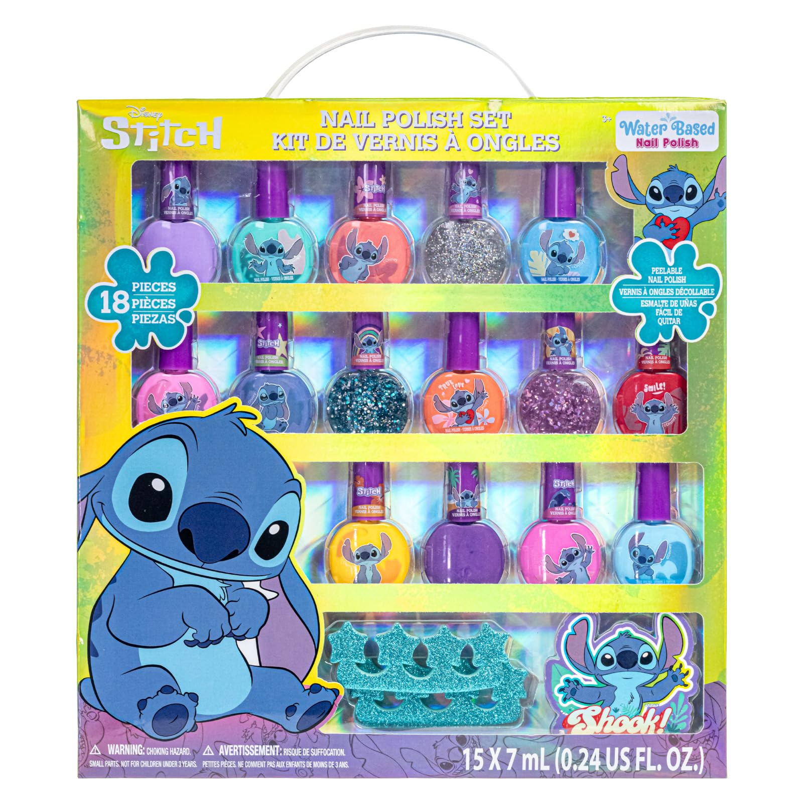 Disney Stitch 15 Piece Water-Based Kids Nail Polish Set with 2 Toe Spacers, 1 Nail File, Quick Dry, Peel Off, Gift Kit Set for Kids Girls, Ages 3+ by