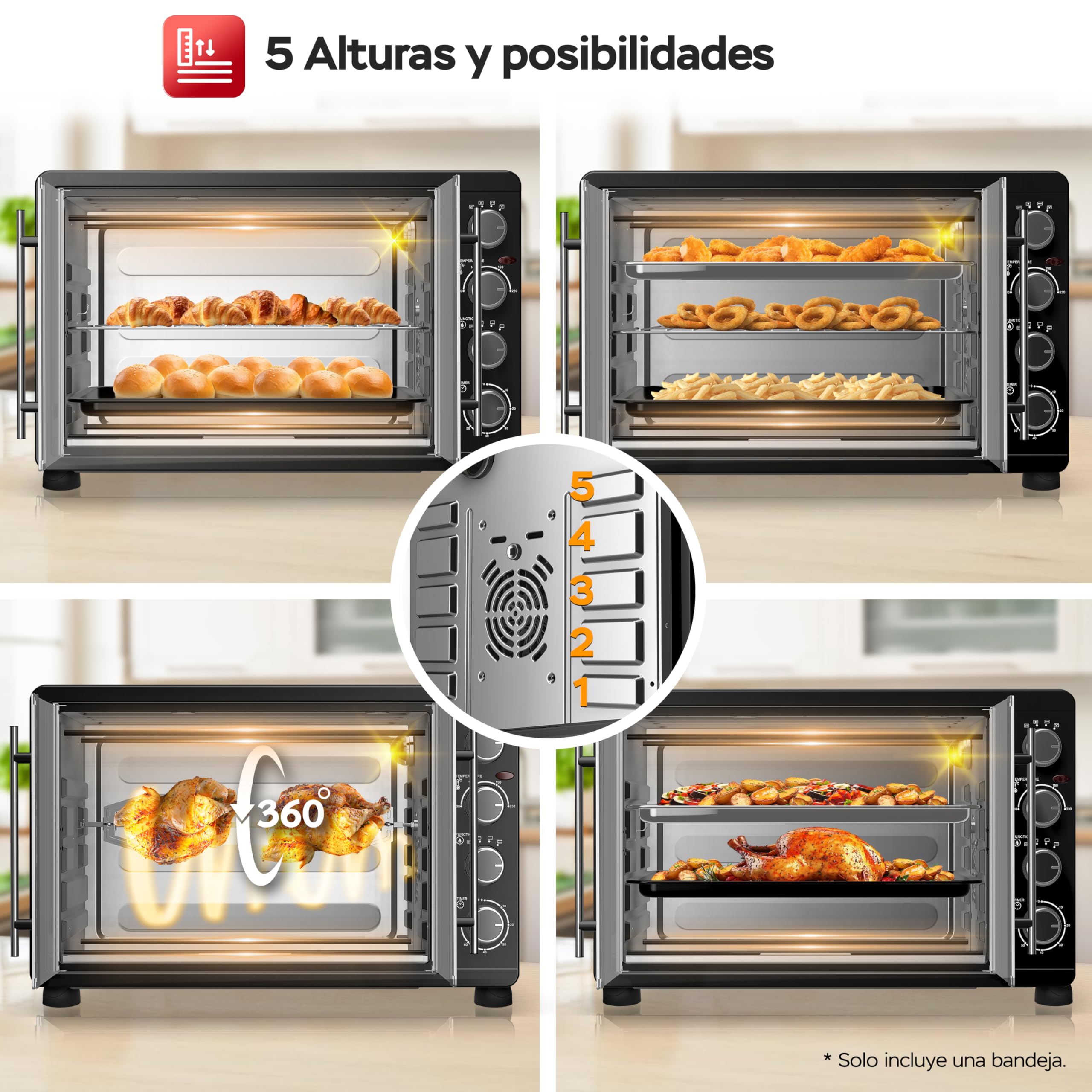 TurboTronic Mini horno con recirculación de aire 45L 2000W negro pincho giratorio temporizador