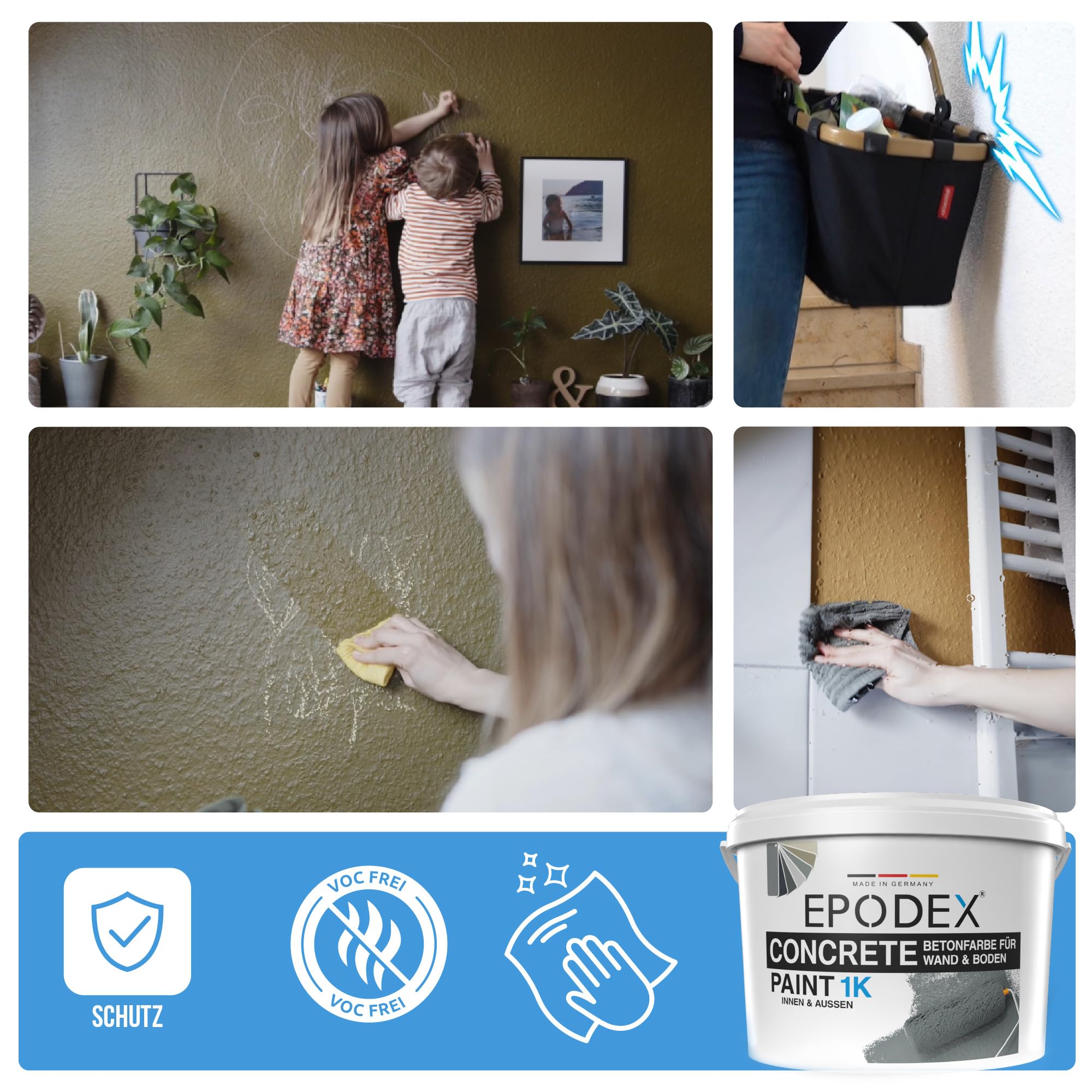 EPODEX 1K Betonfarbe, 6kg - Silbergrau - Pastell | Bodenfarbe & Wandfarbe, hochdeckend, UV-beständig, abriebfest, Innen/Außen - 48m² bei einmaligem Anstrich