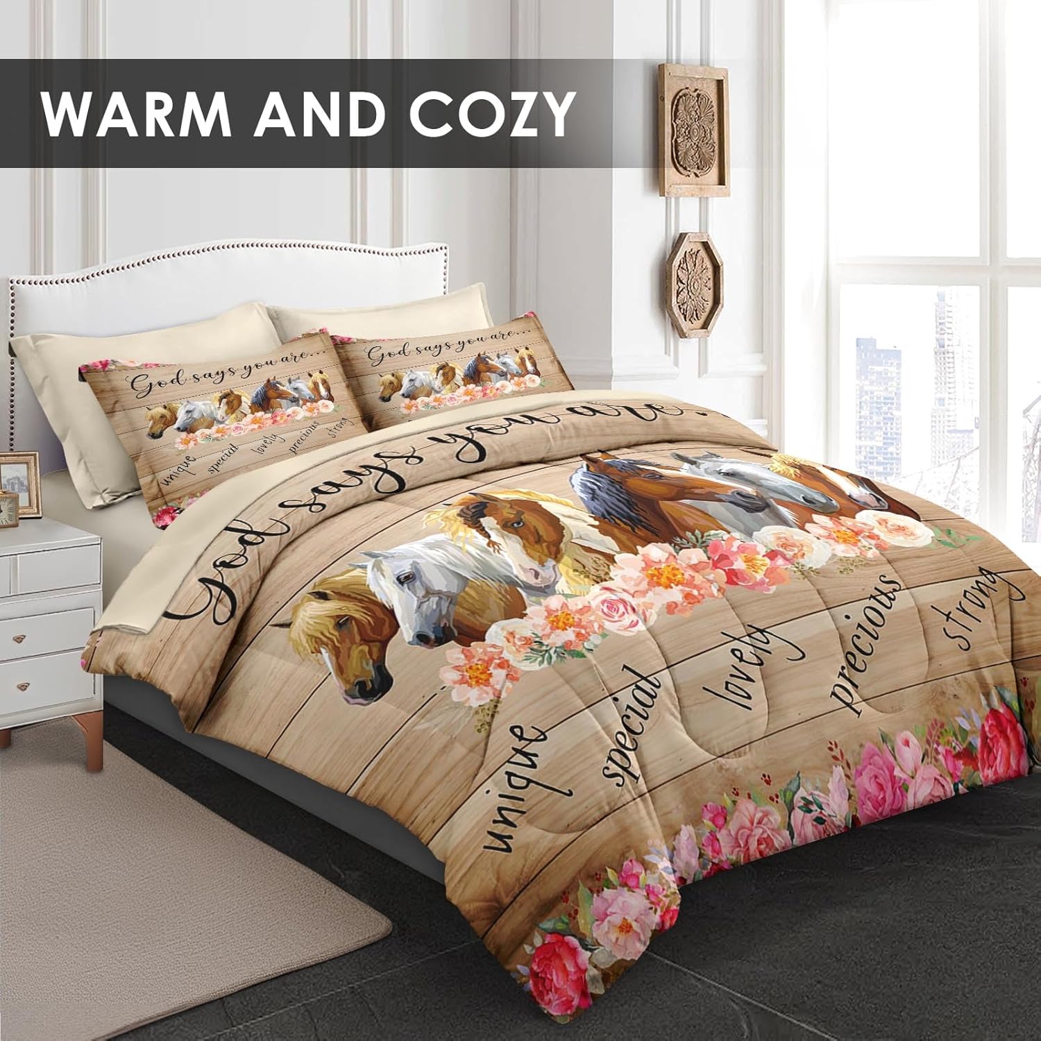 7 Pcs Queen Size Comforter Set with 2 Pillowcases & 2 Shams, Horses Animal Flower Bedding for Kids and Adults, Inspirational Thoughts Bed in a Bag with Flat Fitted Sheet - Image 3