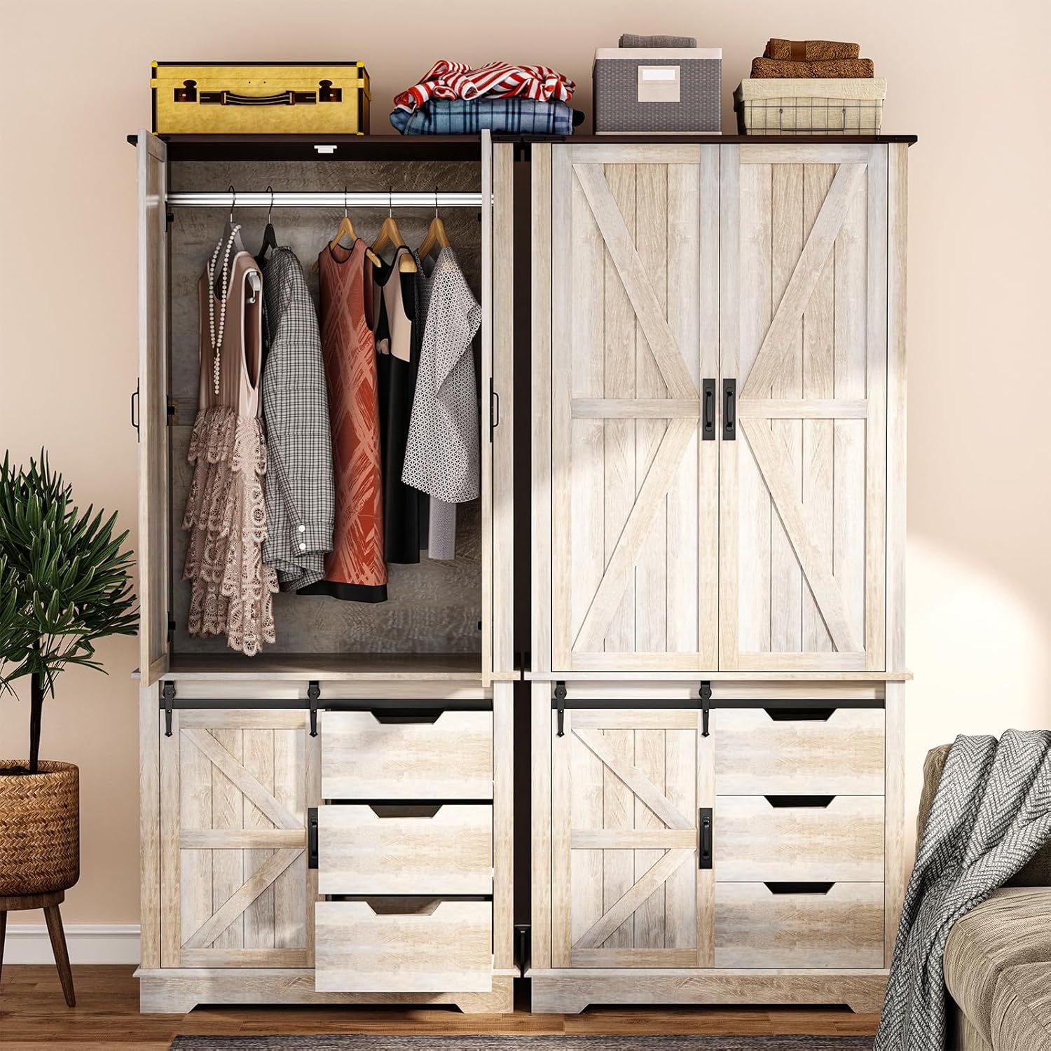 71" Tall Farmhouse Armoire Wardrobe Closet with 3 Drawers and Sliding Barn Door, 3 Doors Wooden Wardrobe Cabinet Clothing Storage Cabinet Organizer, Neoclassical White