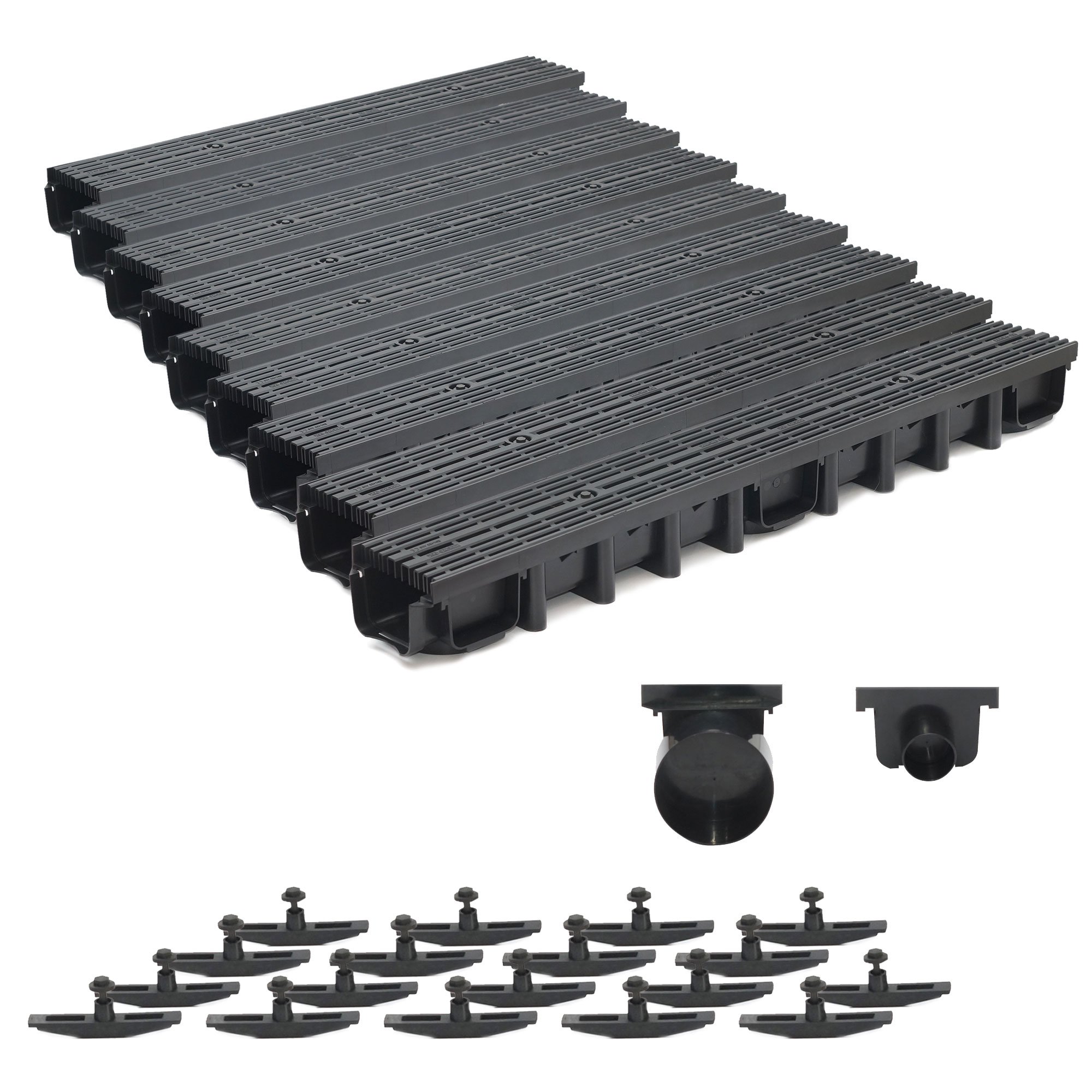 9m Entwässerungsrinne für modulares System A15 98mm, komplett Stegrost Kunststoff, Schwarz Line