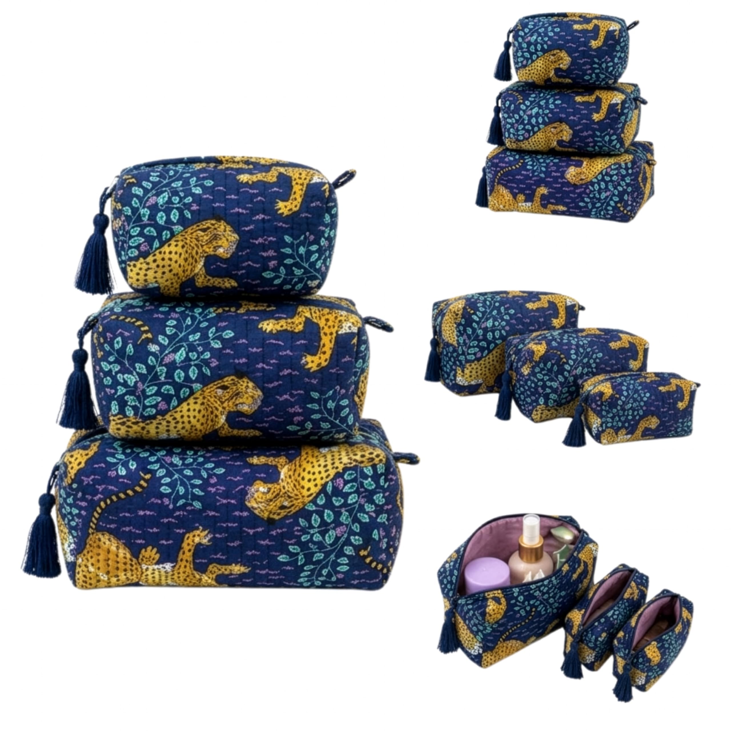 LE KESARI Kit 3 Trousses de Maquillage Léopard – Petite, Moyenne et Grande – Trousse de Toilette Femme Voyage – Pochette Cosmétique Matelassée avec Pompons (Bleu) - 1
