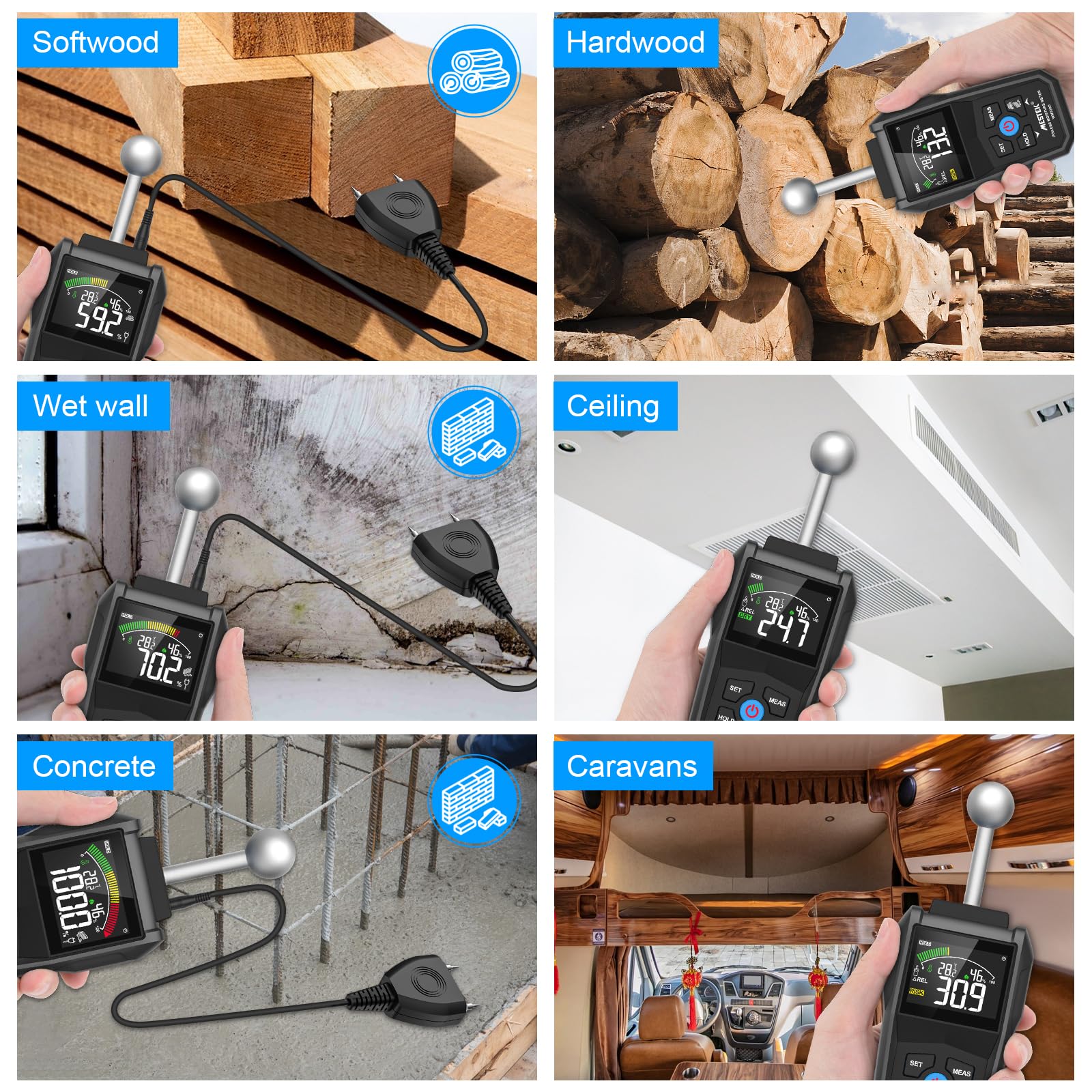 Misuratore di Umidità, MESTEK Igrometro,2 in 1 Misuratore Umidità Muri con LCD a Colori e Allarme Acustico, Profondità di Analisi 20-40 mm,per Legni, Parete, Pavimenti, Legno, Gesso