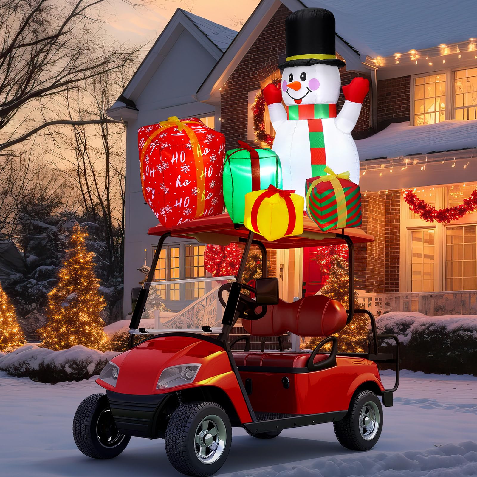 Photo 1 of **UNTESTED**
JellyArch 5 x 4 ft Large Inflatable Christmas Golf Cart Decoration with LED Lights Outdoor Christmas Blow Up Snowman Gift Box Santa Hat for Car Decor Xmas Holiday Vehicle Accessories(Red Style)