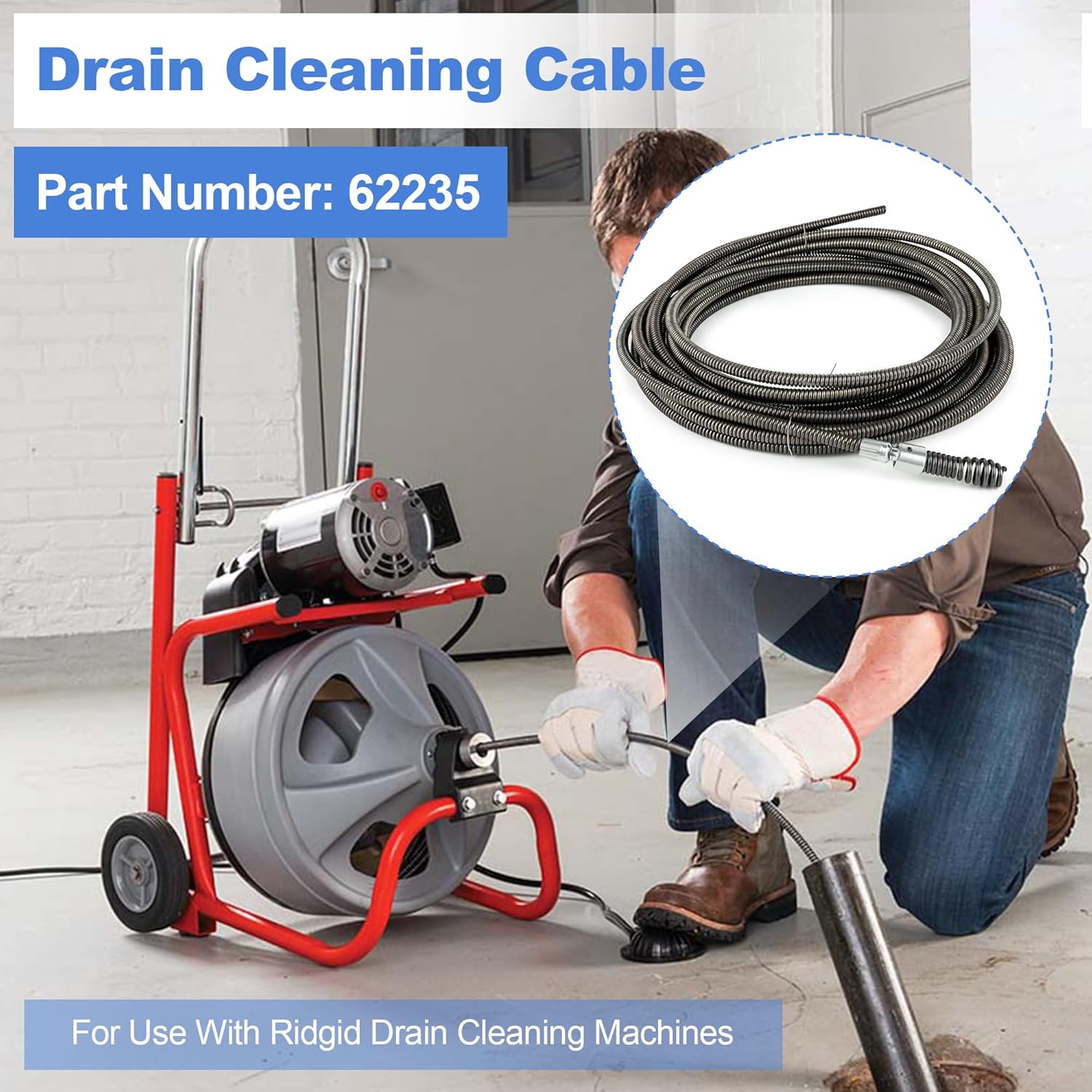 Drain Cleaning Cable, 5/16 In. x 25 ft.Replace 62235,Compatible with G2037506, 4MY89, 4Z661, G1501245 Drain Cleaning Machines