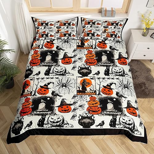 Miniatura 7 de Funda de edredón de fantasma blanco, juego de ropa de cama de murciélagos negros para niños, funda de edredón de Halloween para decoración de