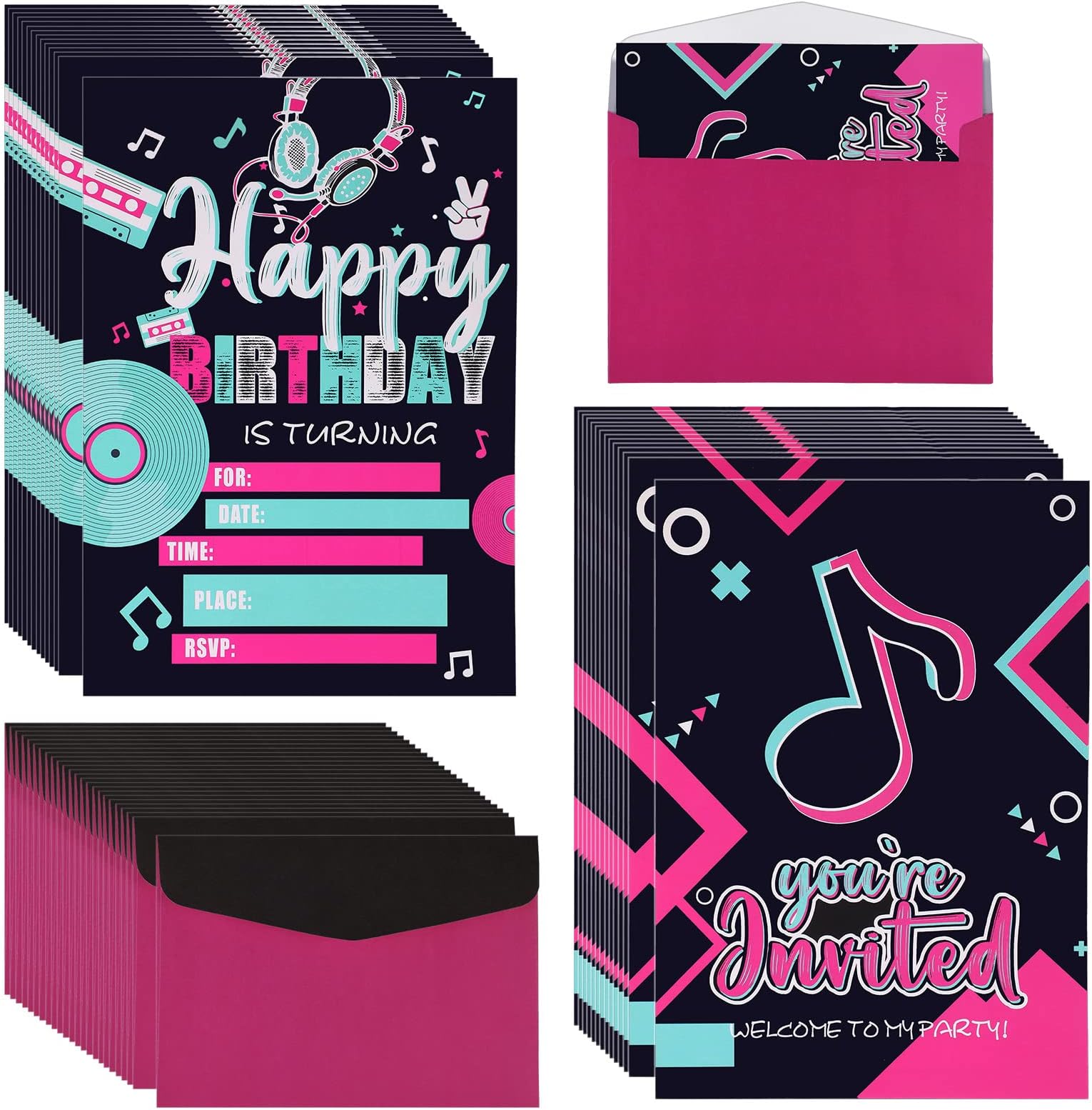 25 Pcs Music Theme Birthday Party Invitations Supplies Birthday Invitation Cards Neon Music Party Favors with 25 Pcs Envelopes Baby Shower Glow in The Dark Musical Invitations