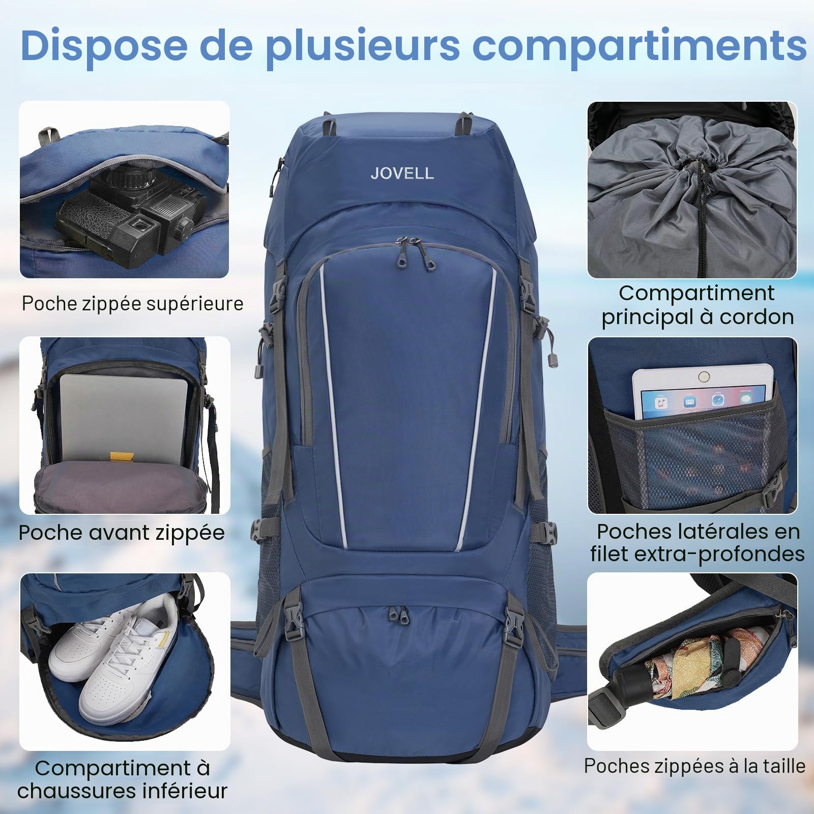 Sac à Dos de Randonnée 70L avec Couvre-pluie, Imperméable pour le Camping et le Voyage. Idéal pour les Sports Outdoor, l'Escalade, le Trekking et la Randonnée. Bagage Homme et Femme (Bleu)
