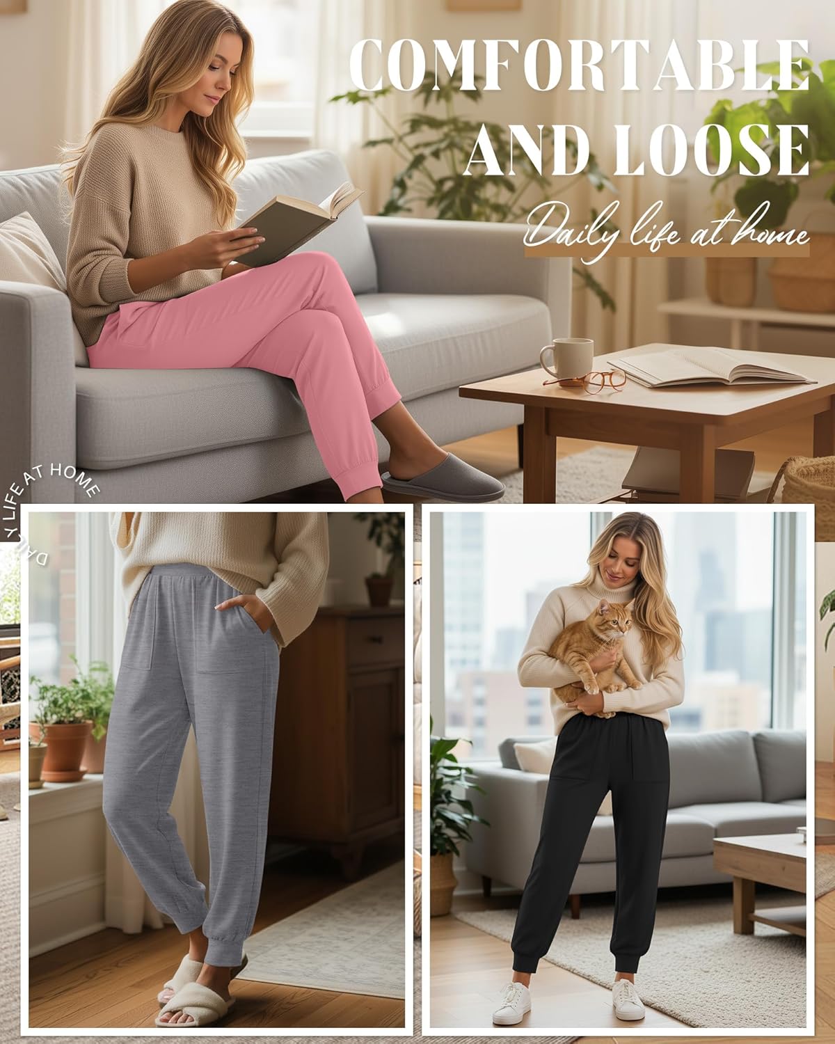 4 Pack Women's Yoga Joggers, Cozy Lounge Pants with Pockets Loose Casual Gym Athletic Sweatpants Comfy Cuffed Pants
