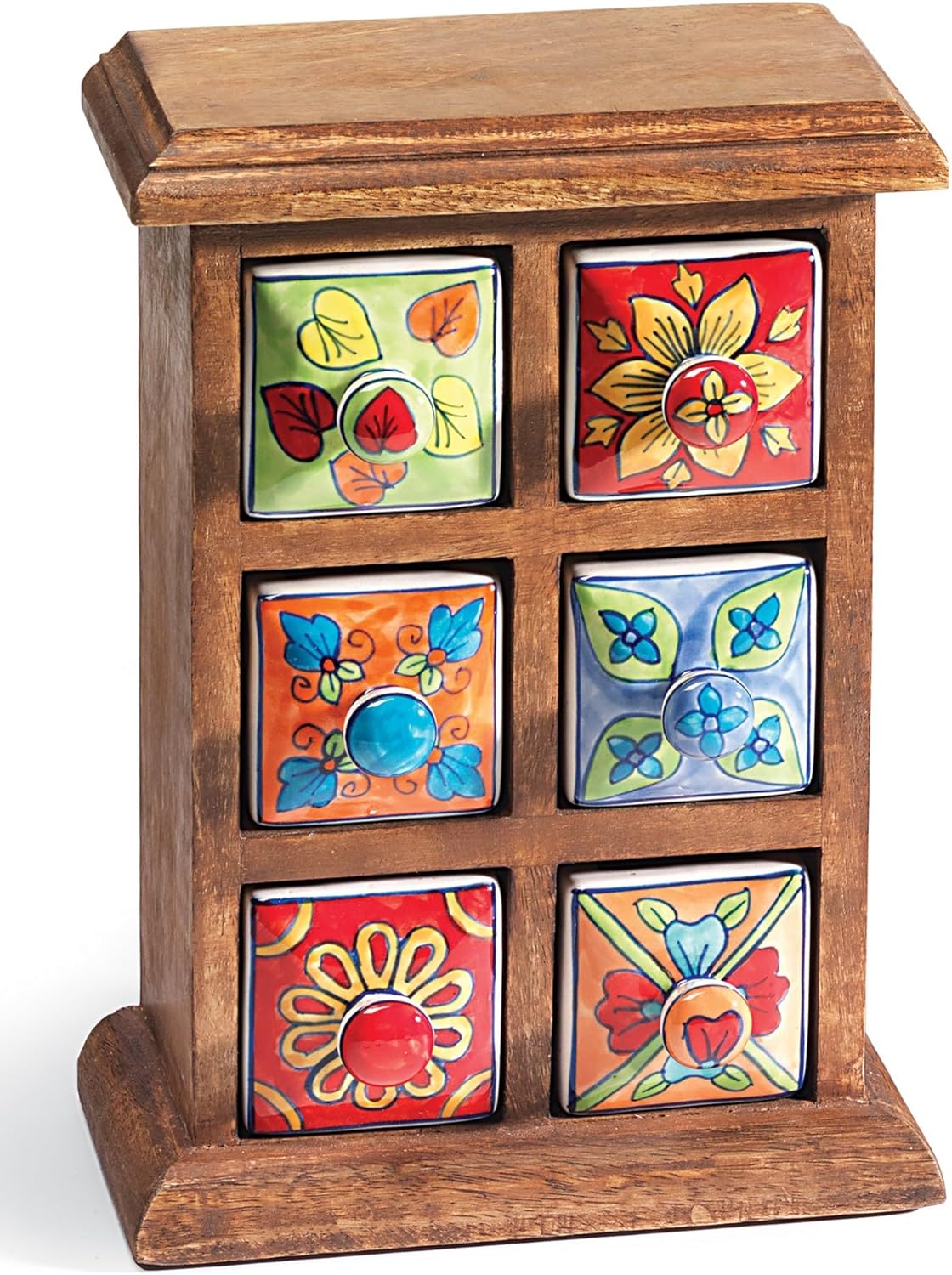 Terrapin Trading Fair Trade Handmade 6 Drawer Indian Ceramic Storage Chest Mango Wood 18x10x25cm