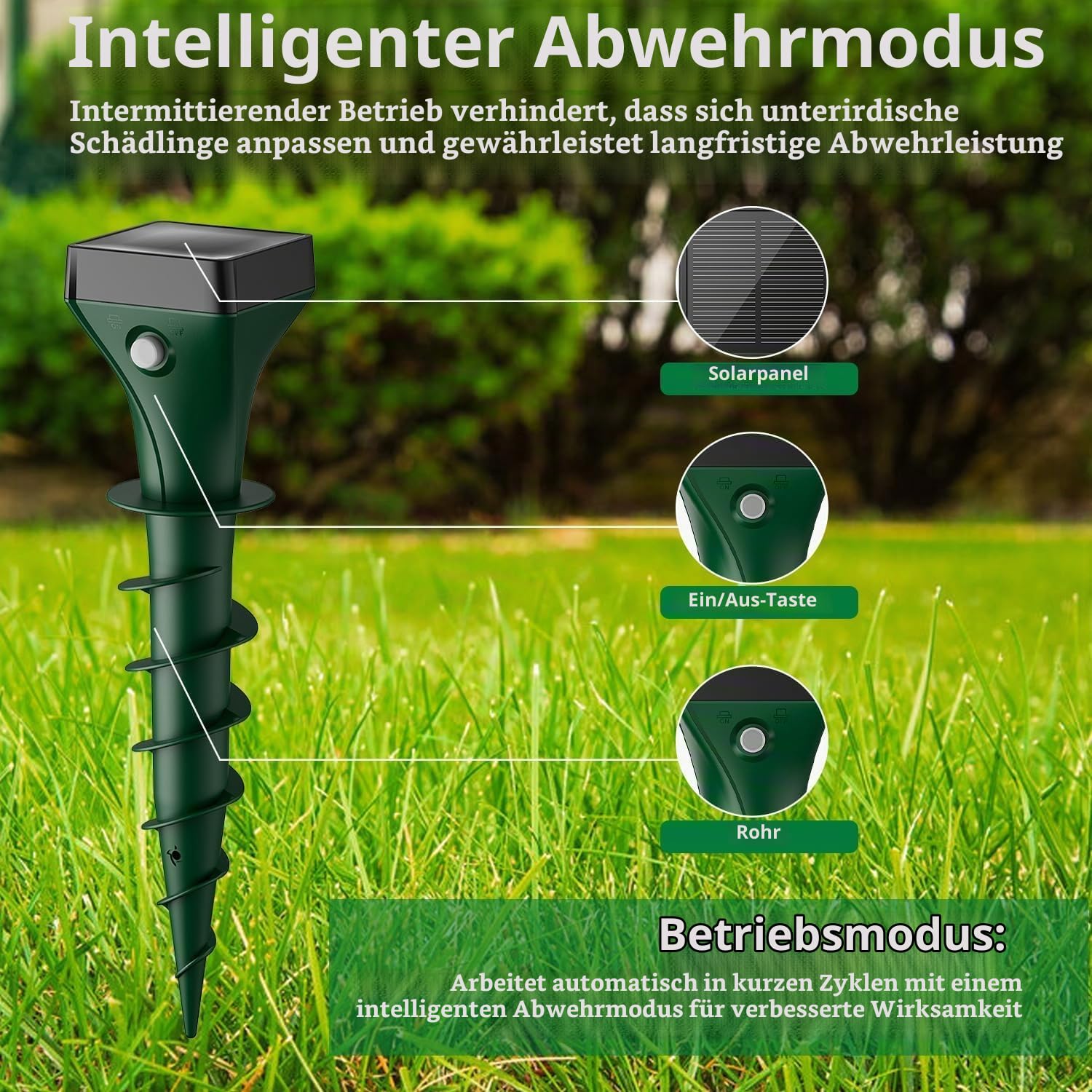 Maulwurf Vertreiber 4er, Solar Maulwurfschreck Testsieger mit Ultraschall, IP65 Wasserdicht, Effektive Wühlmausabwehr gegen Maulwürfe und Wühlmäuse, für Garten & Rasen