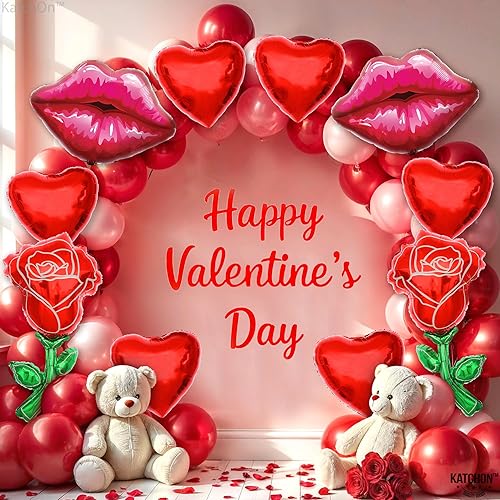 Miniatura 4 de KatchOn, Juego de globos de rosa roja, corazón y labios, grandes de 37 pulgadas, globos de rosa roja, globos de labios rojos, globos de corazón para