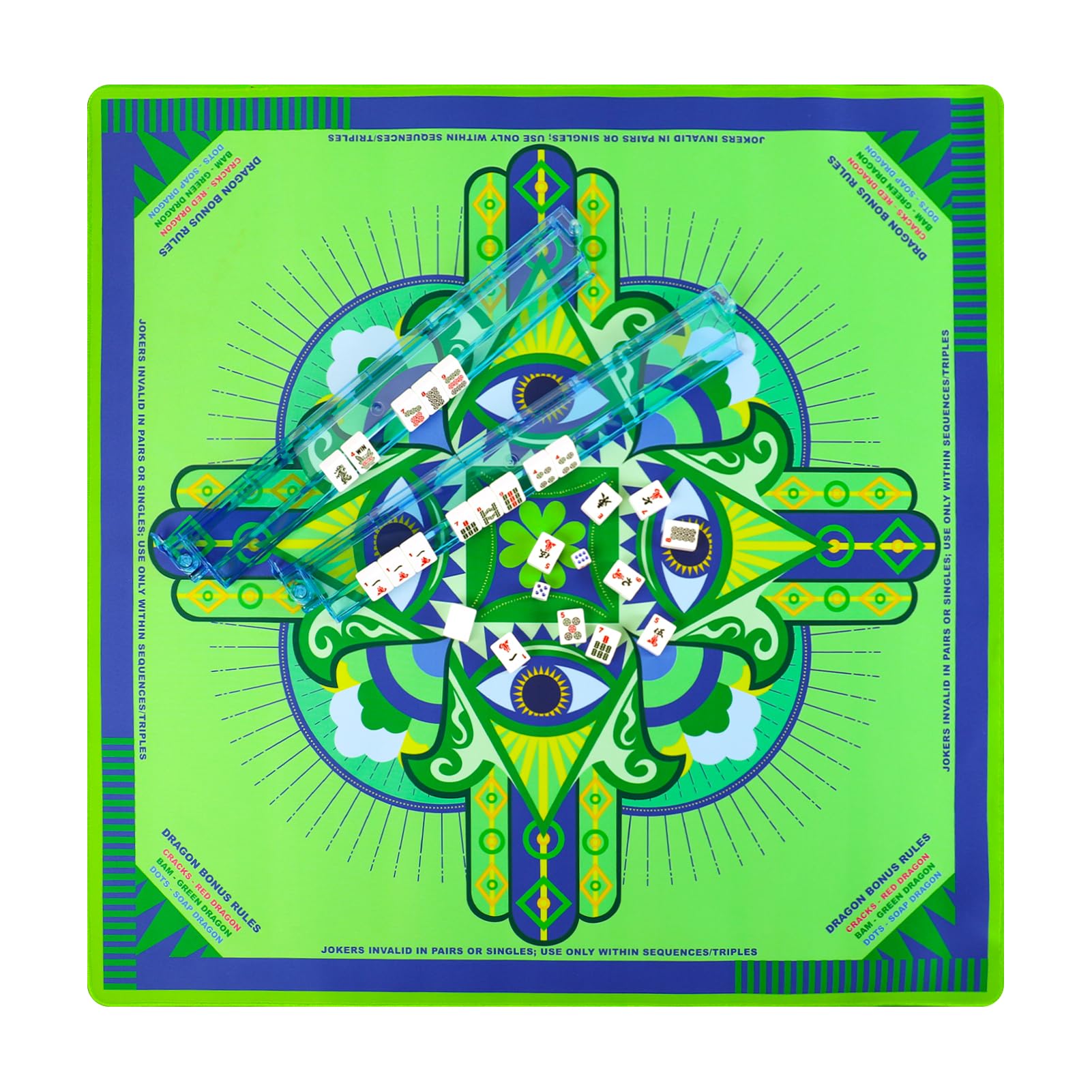 Tapis de mahjong en néoprène avec règles (83,8 x 83,8 cm), tapis de mahjong américain, antidérapant et réduction du bruit, tapis d'apprentissage du Mahjong, cadeau pour femme (vert chanceux)