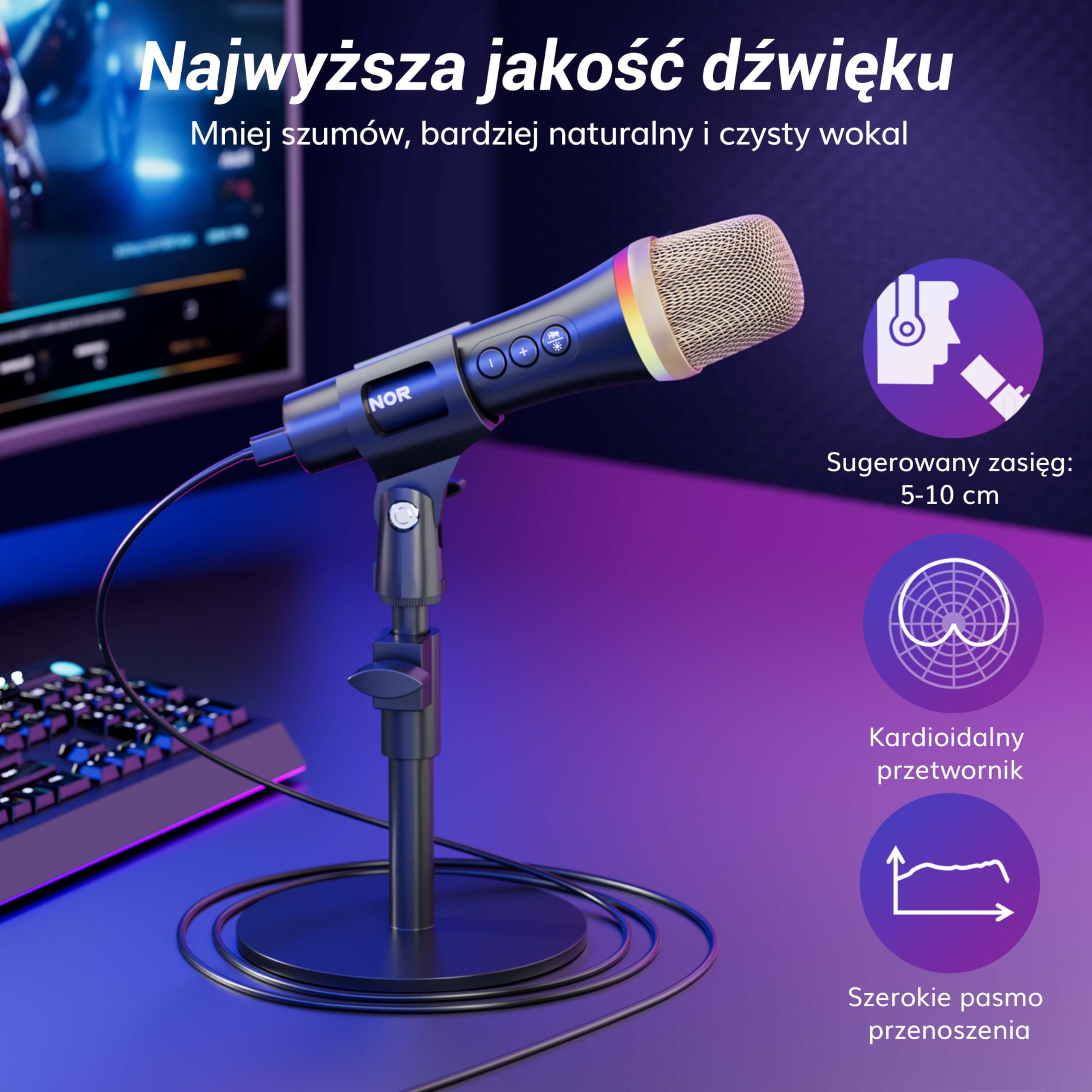 TONOR Mikrofon dynamiczny USB/typ C do komputera PC, mikrofon do gier komputerowych do podcastów RGB ze stojakiem biurkowym do nagrywania, Na żywo,YouTube, śpiewania, studia, karaoke czarny