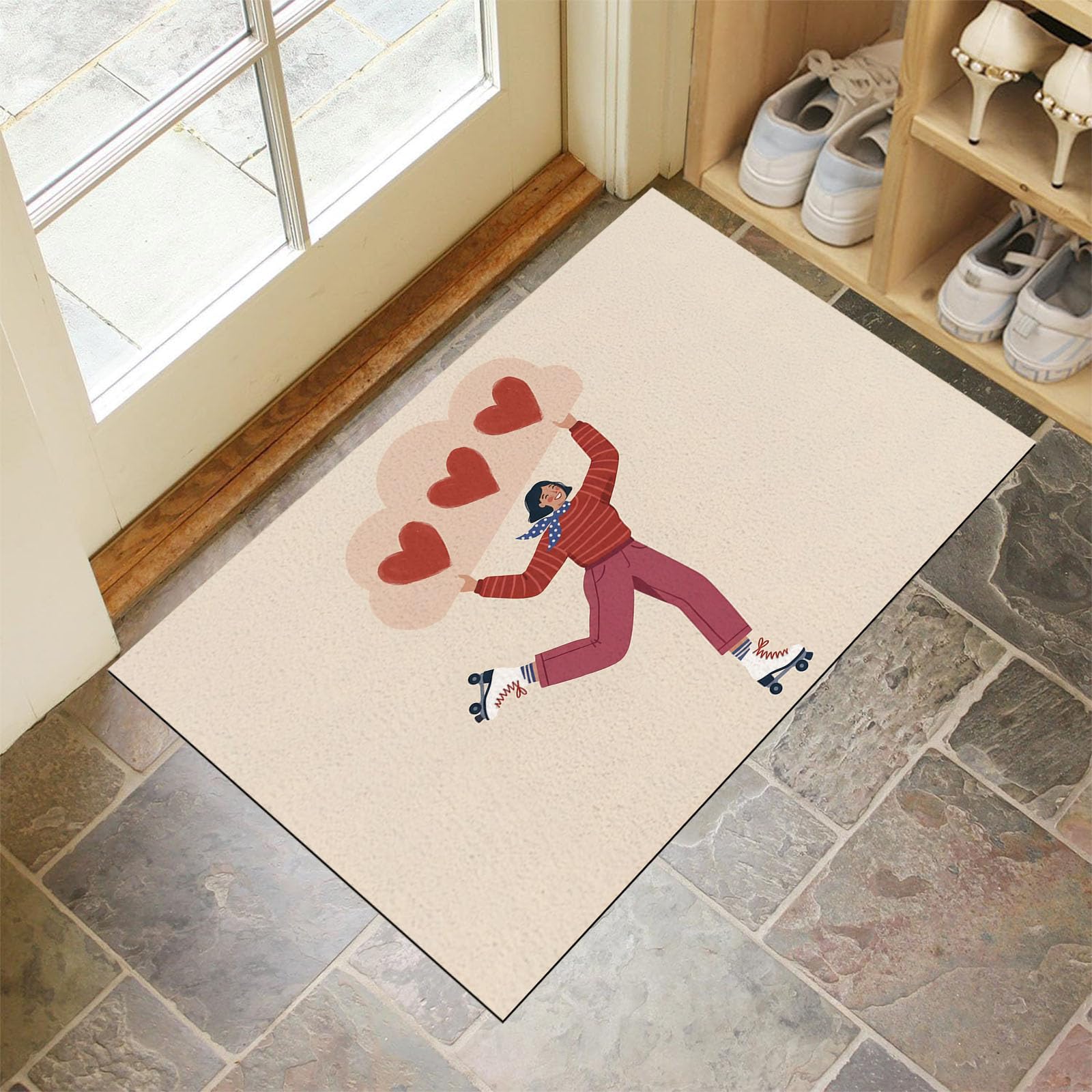 90X150Cm Zerbino Ingresso Interno Antiscivolo Assorbente, Tappeto In Microfibra Sottile Lavabile Con Ragazza Carina Pattini Rotelle Semplice Cuore Geometrico Per Cucina Bagno Porta E Animali, Beige