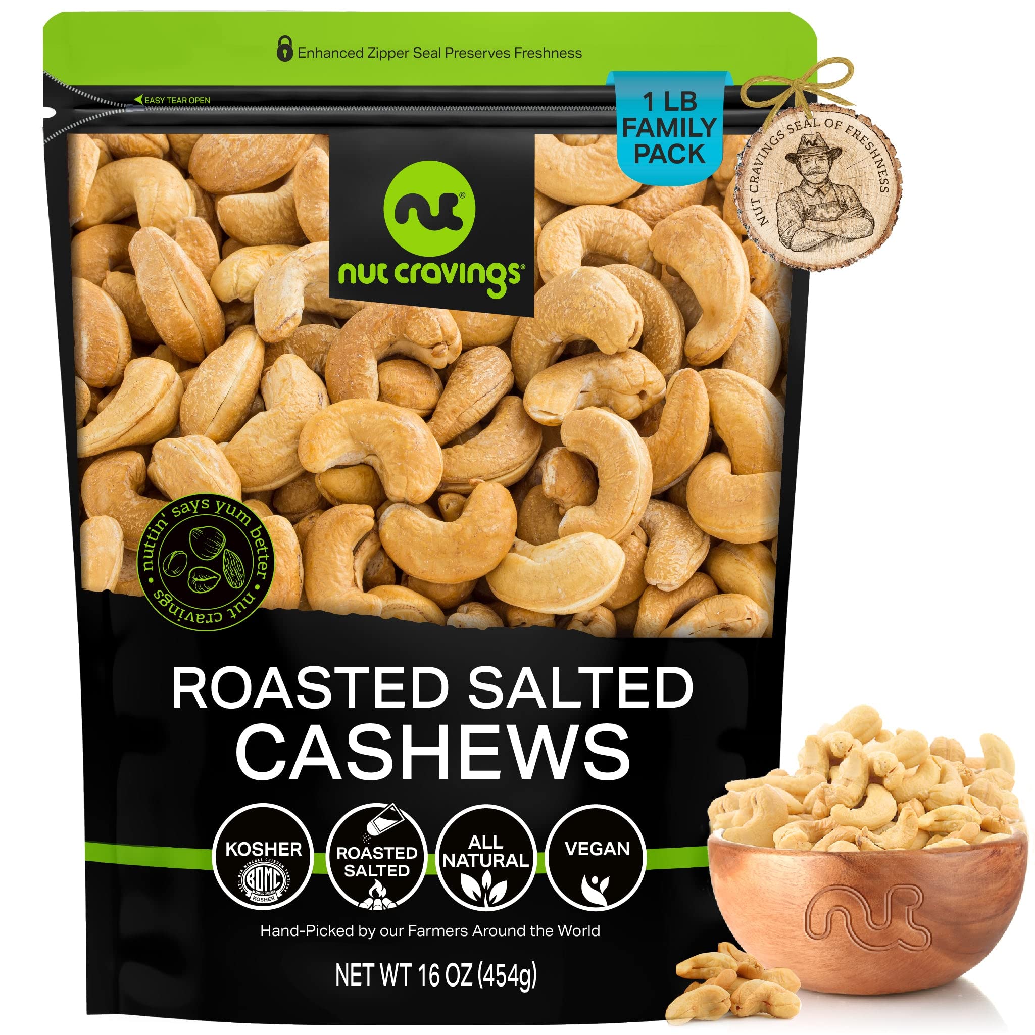 NUT CRAVINGS - Roasted Cashews Slightly Salted - Jumbo, Whole (16oz - 1 LB) Packed Fresh in Resealable Bag - Nut Snack - Food Assortments