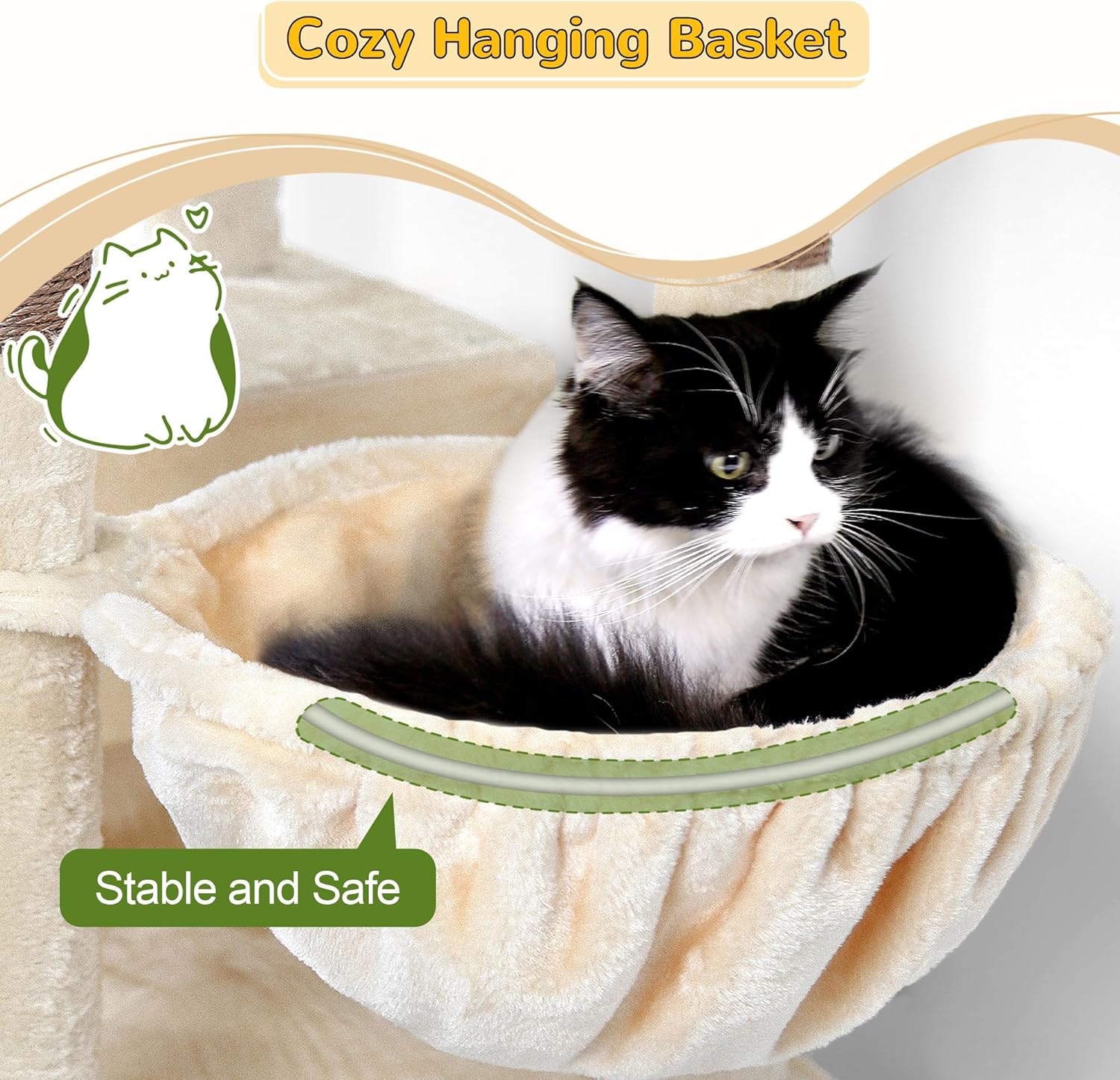 Image showing a cat comfortably curled up in a cozy hanging basket, demonstrating its stability and comfort. The basket is designed to be stable and safe for resting.