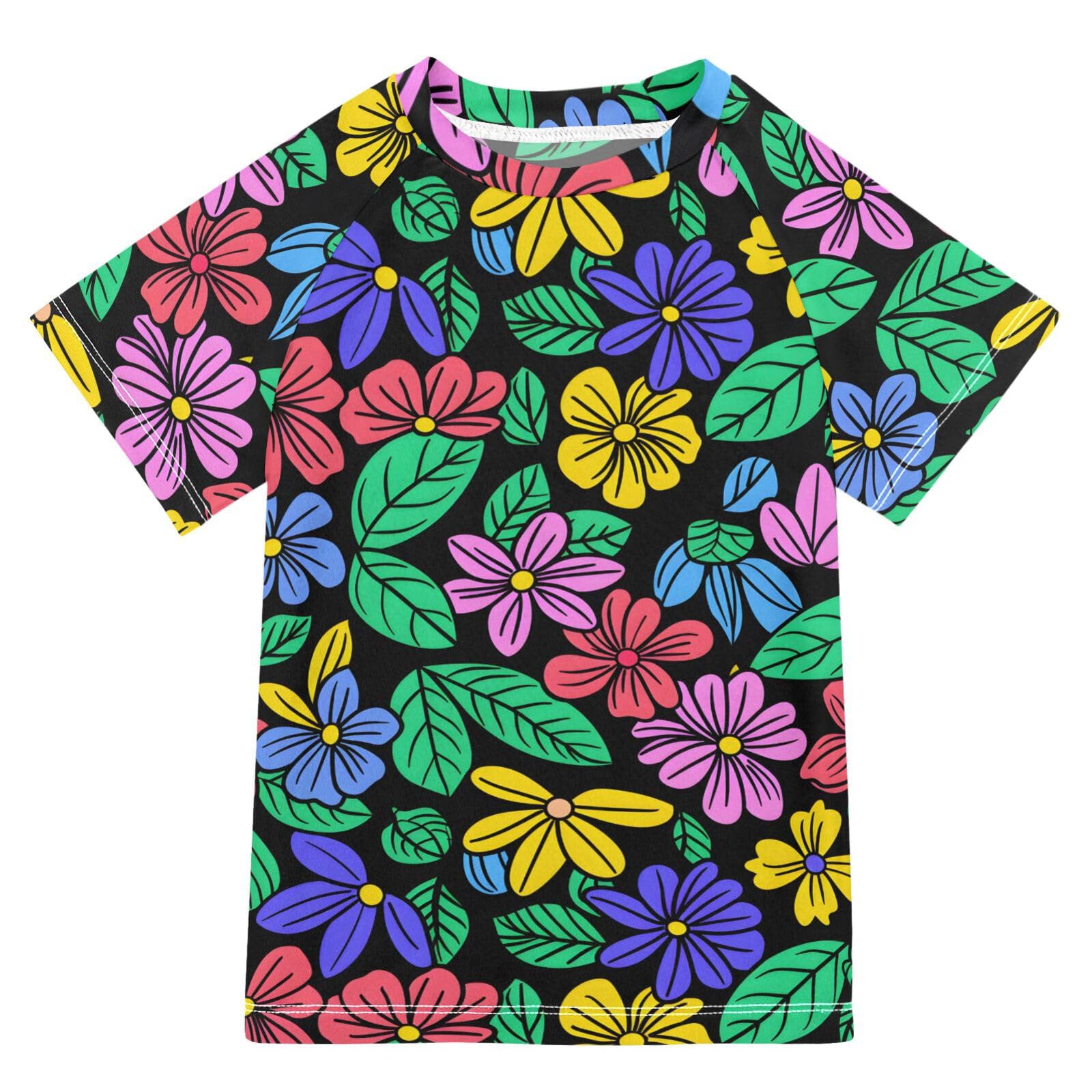 ALAZA Boys Swim Shirts Toddler Rash Guard Short Sleeve Rashguard Flower Print 1 UPF 50+ 11-12T