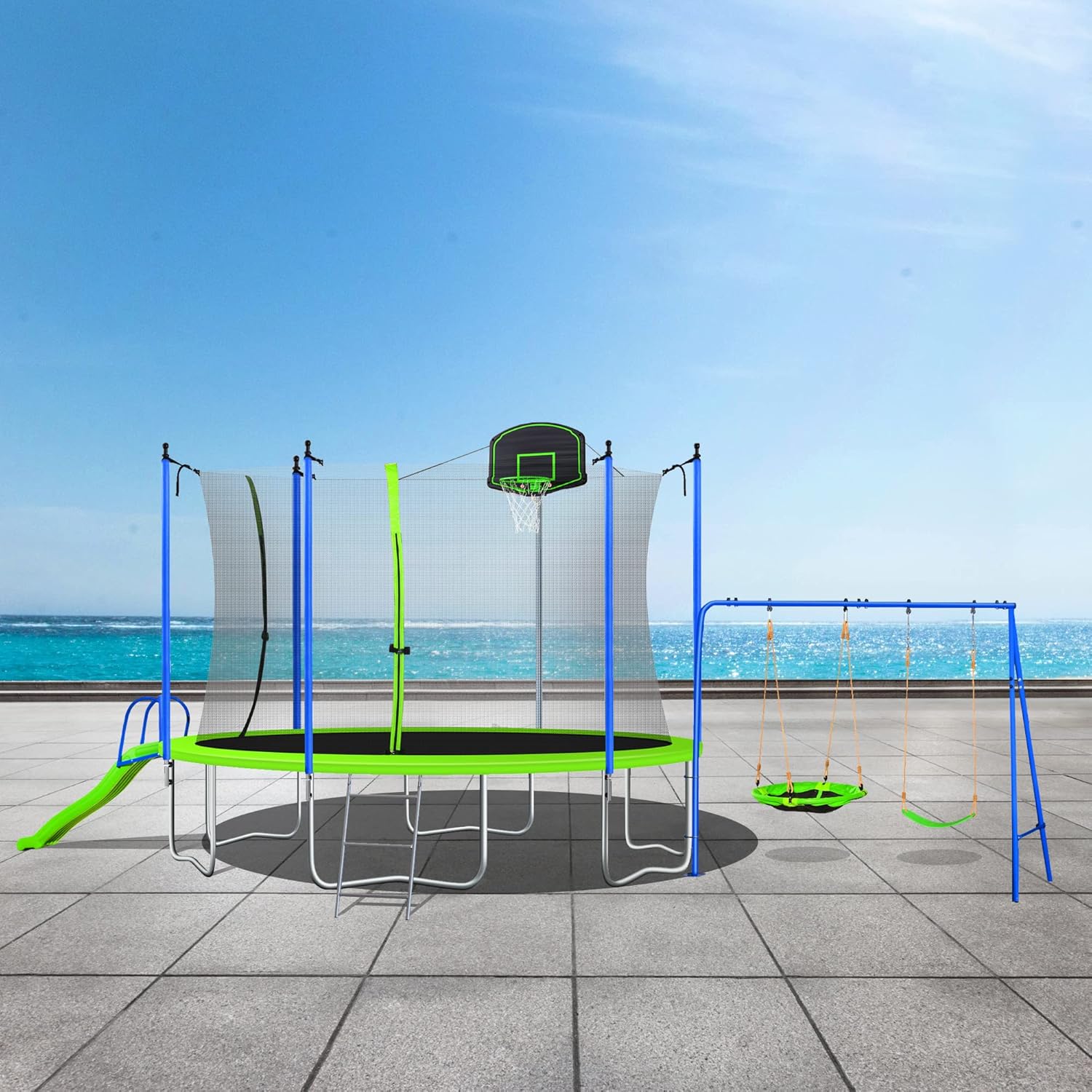 12ft Trampoline Combination with Swing and Slide, Safety Net and Basketball Hoop, Outdoor for Kids and Adults Green