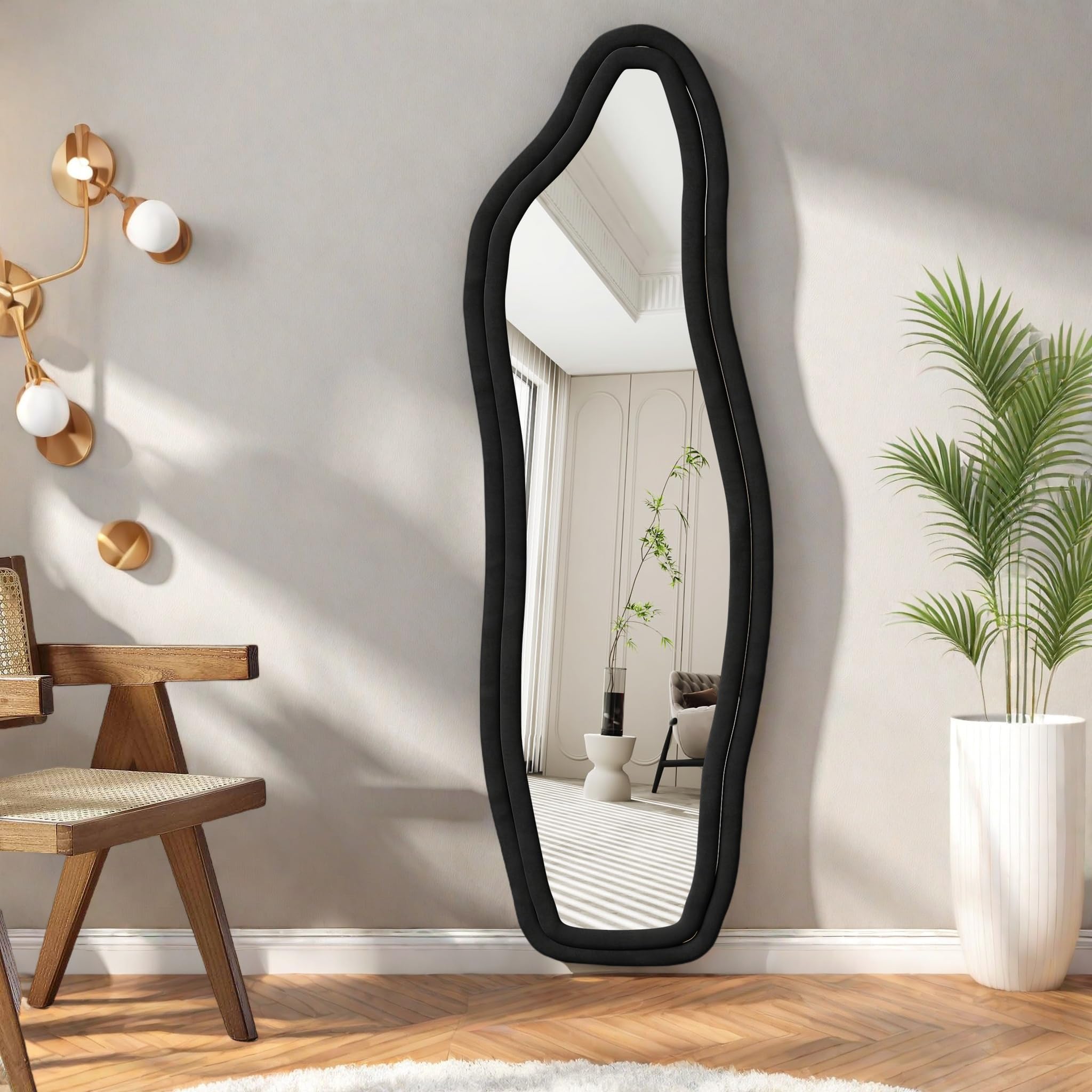 Grand Miroir Noir 160x50 cm, Miroir sur Pied au Mural ou à Suspendre, Miroirs Organique avec Support en U, Miroirs ondulés Moderne pour Dressing, Salon, Chambre, Couloir