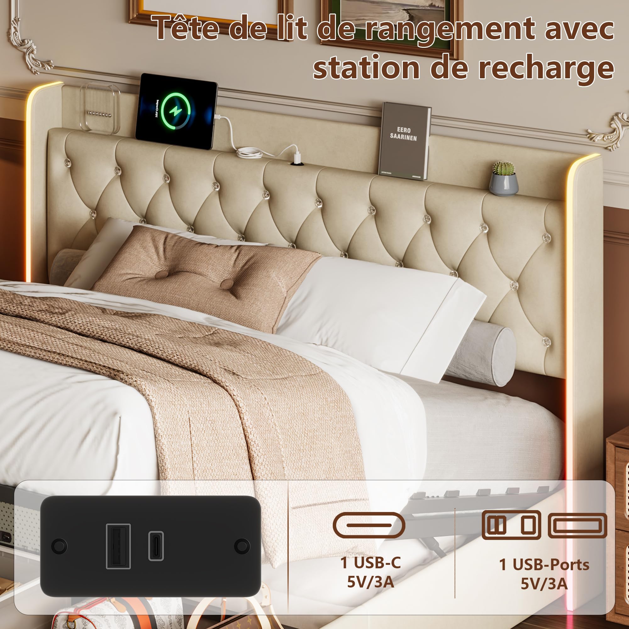 Gewatteerd tweepersoonsbed, 140 x 200 cm, hoofdeinde met USB en type C-poorten, ledverlichting aan het hoofdeinde en het voeteneinde van het bed, met hydraulische opbergruimte, linnen, grijs, zonder