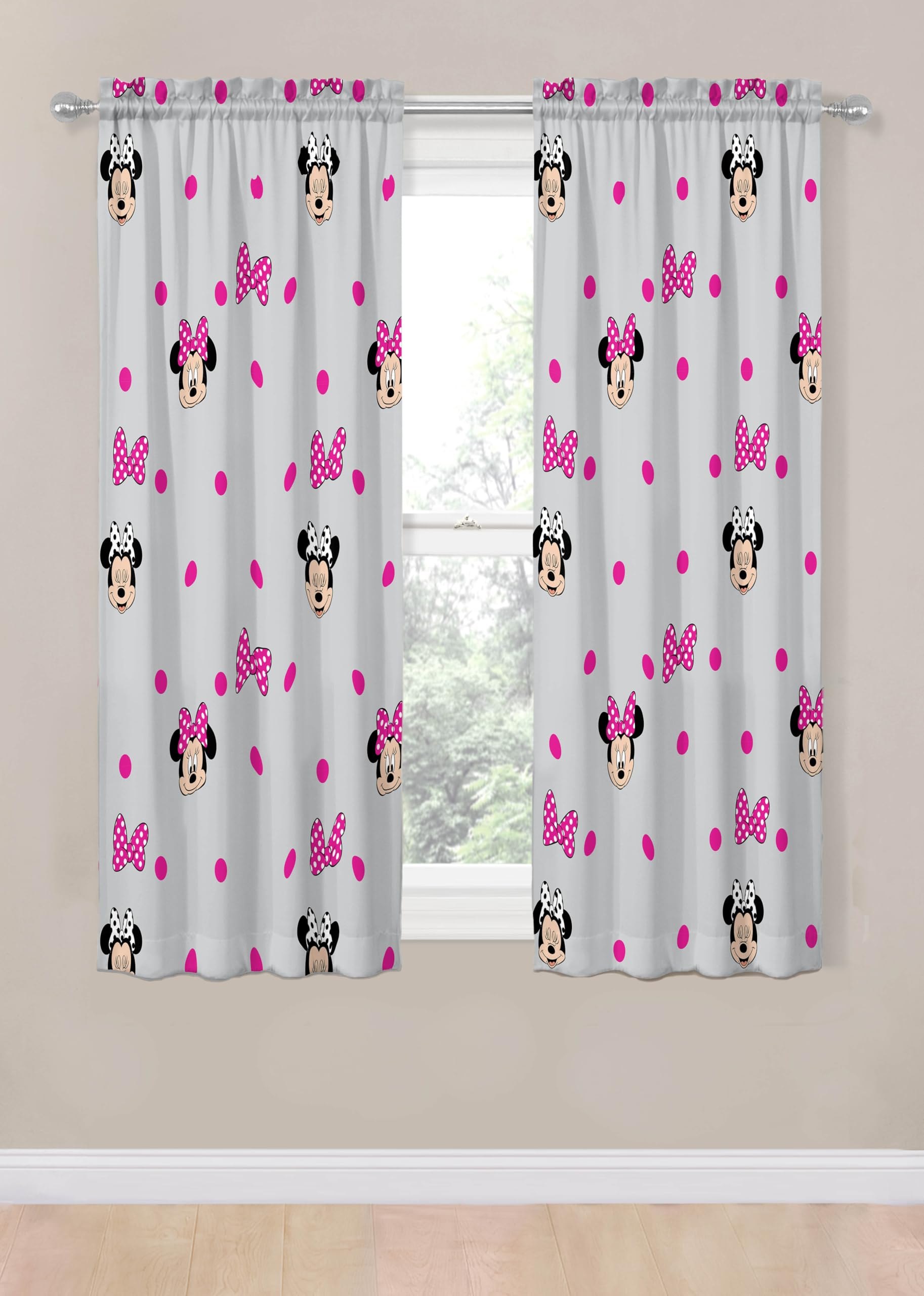 Jay Franco Window Curtains for Kids Bedroom 4-Piece Drape Set with 2 Tiebacks, Grey - Minnie Mouse, 42