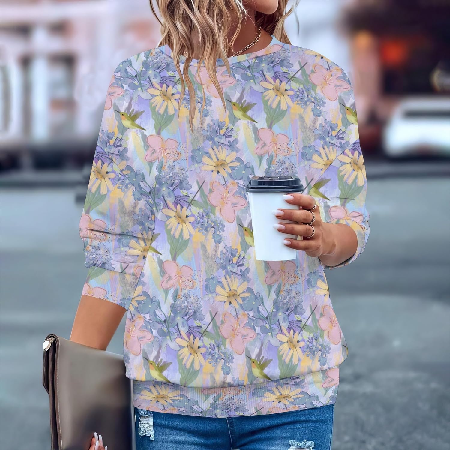 Sweatshirts For Women Retro Floral Long Sleeve Crewneck Sweatshirts Cute Comfy Fit Pullover Vintage Street Wear - Image 2